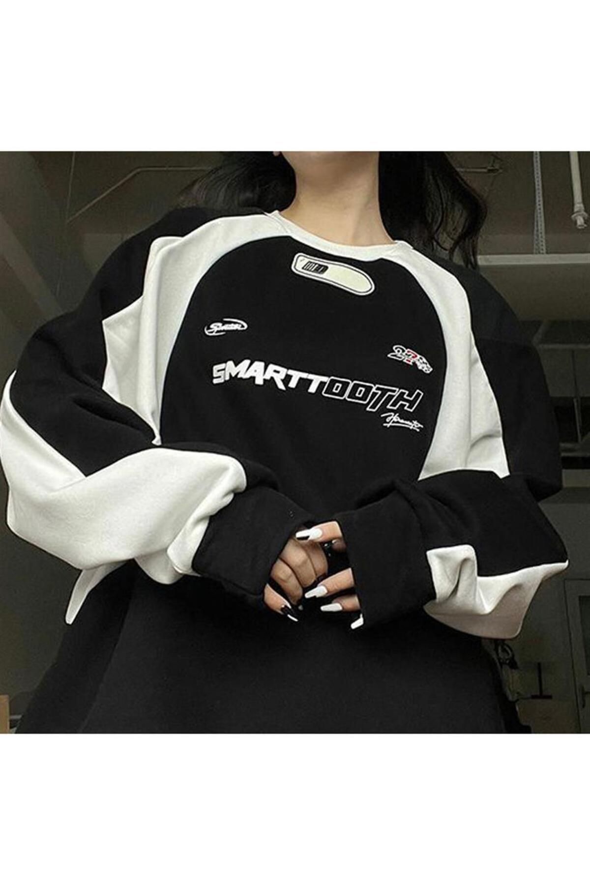 Touz Y2K Streetwear Smarttooth Baskılı Siyah Unisex Oversize Bisiklet Yaka Sweatshirt