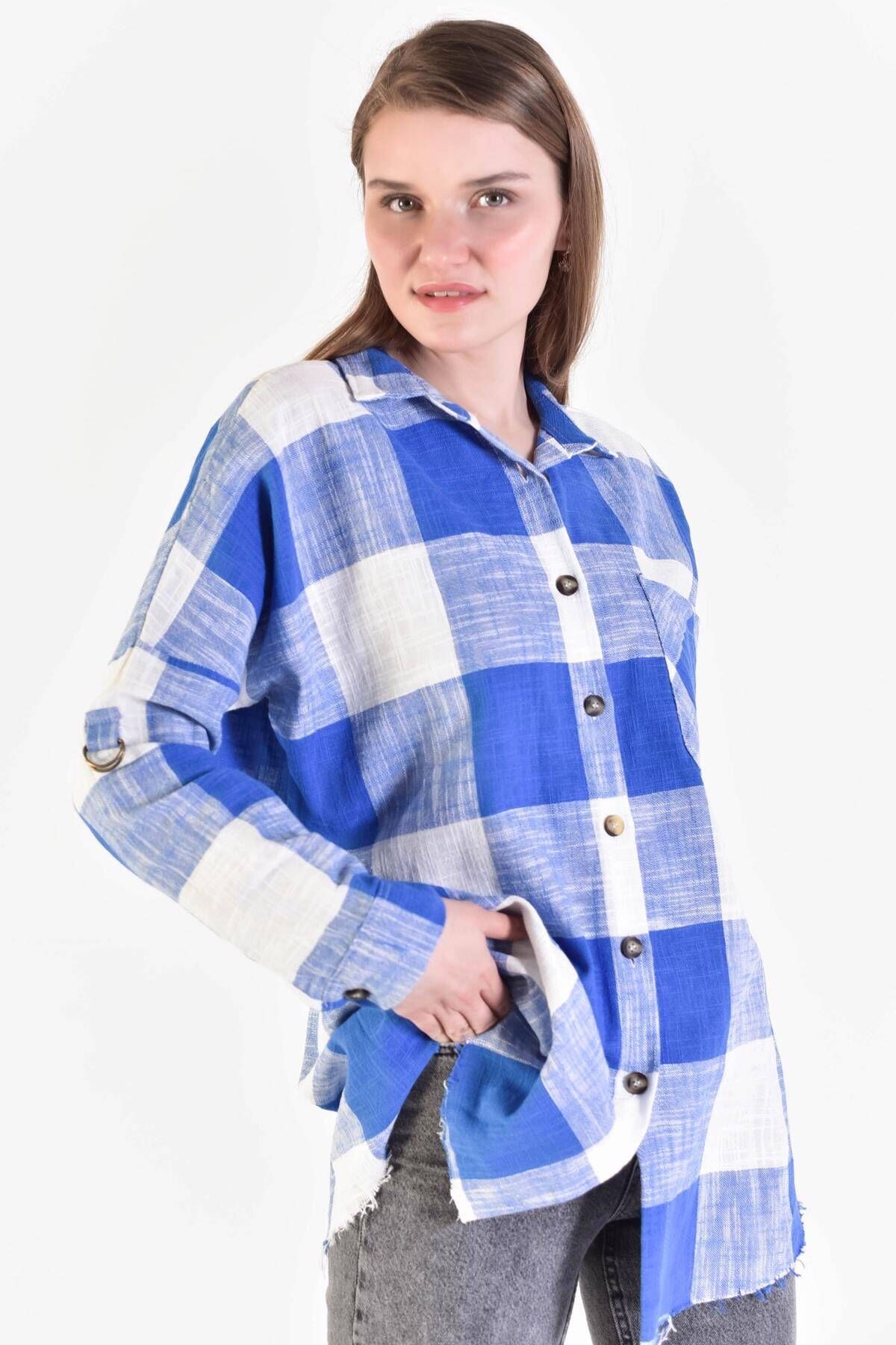Addax Kadın Saks Mavi Ekoseli Gömlek G2130 - Y1 ADX-0000021950