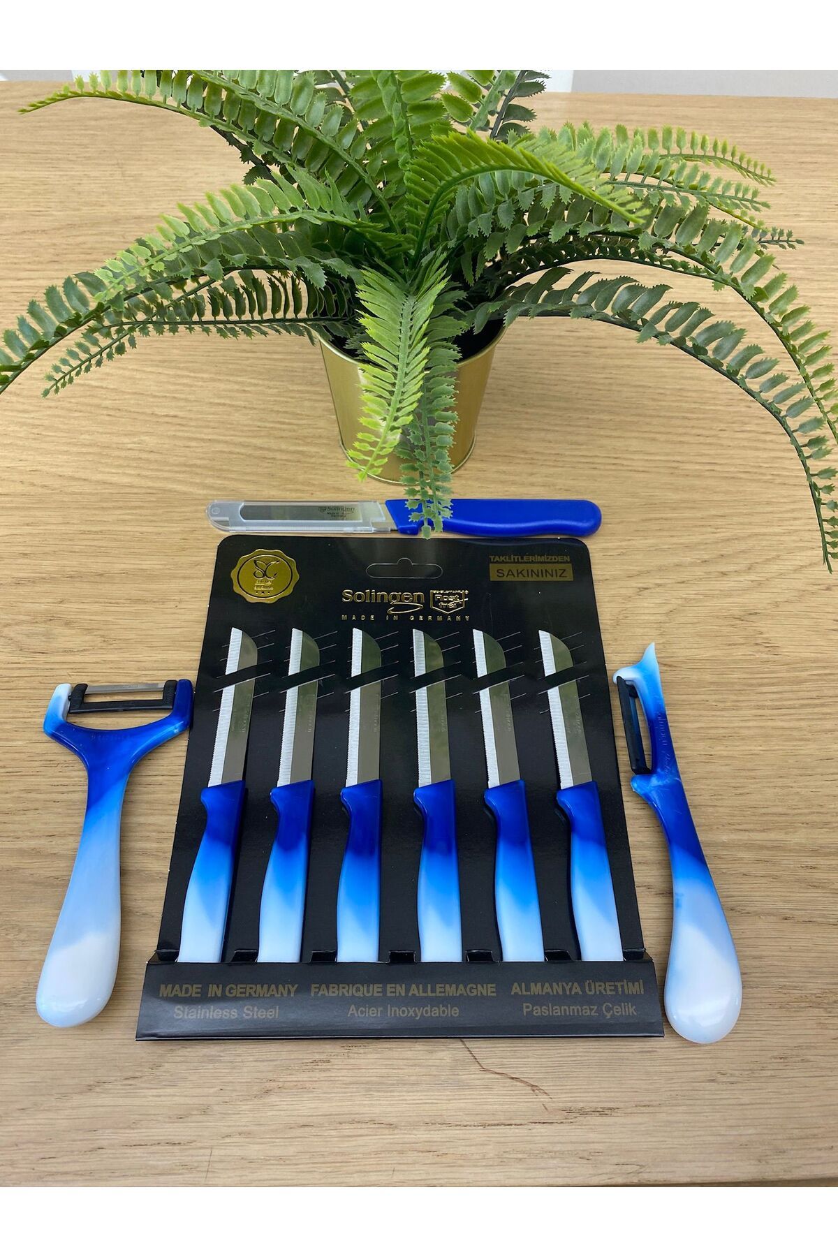 Solingen micro tırtıklı genel kullanım bıçağı 6lı meyve bıçağı yan ve düz soyacak turkuaz reng
