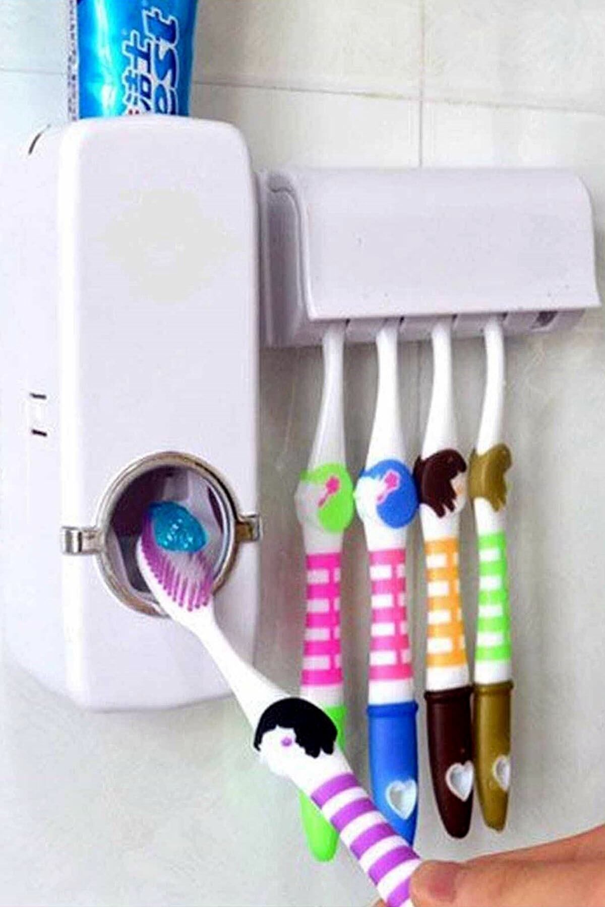 Mobee Otamatik Diş Macunu Sıkacağı Ve 5 Adet Diş Fırçalığı Macun Sıkacak Diş Fırçası Banyo Askı Seti