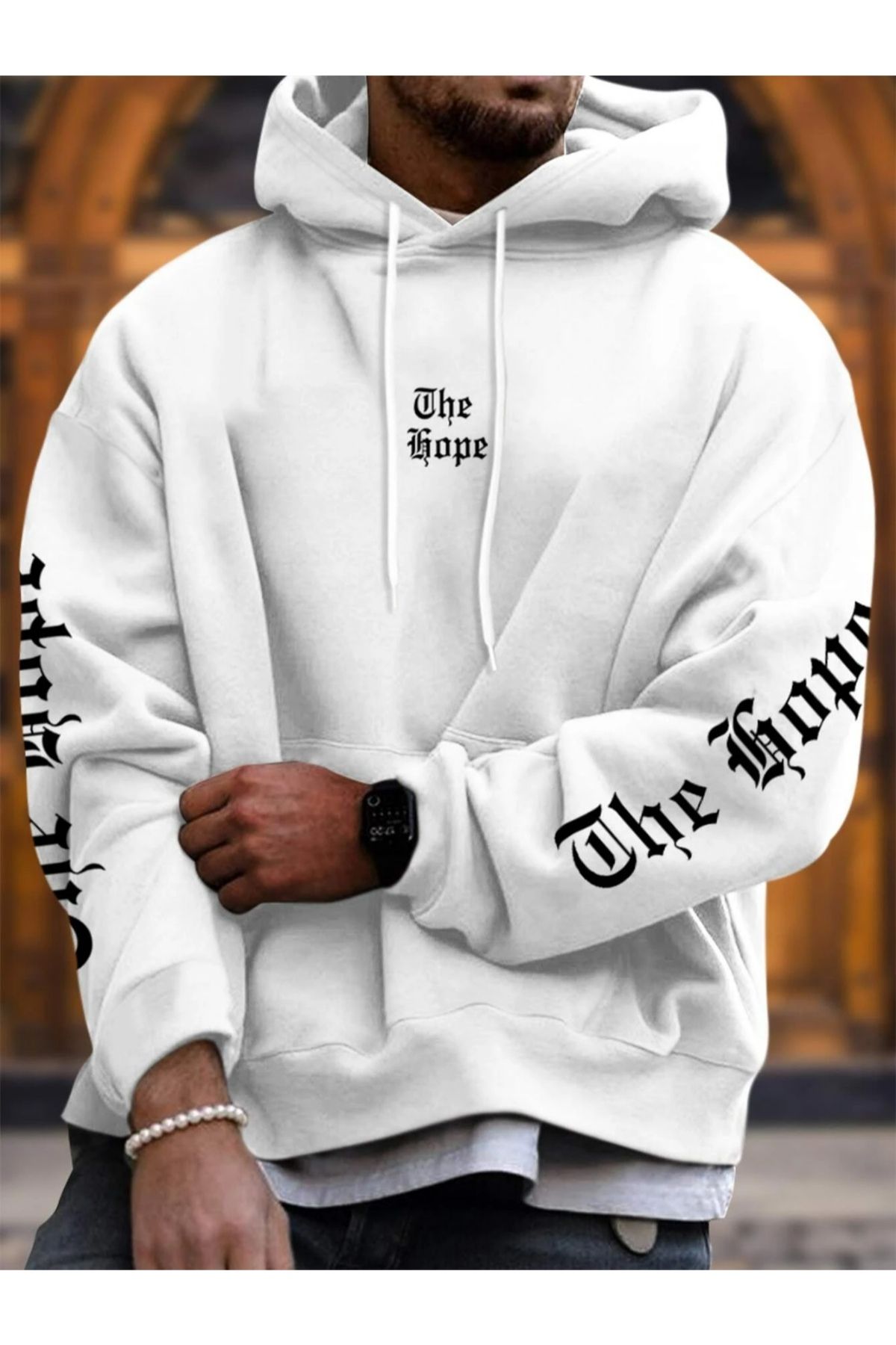 Black Sokak Beyaz The Hope Baskılı Oversize Kapüşonlu Erkek Sweatshirt