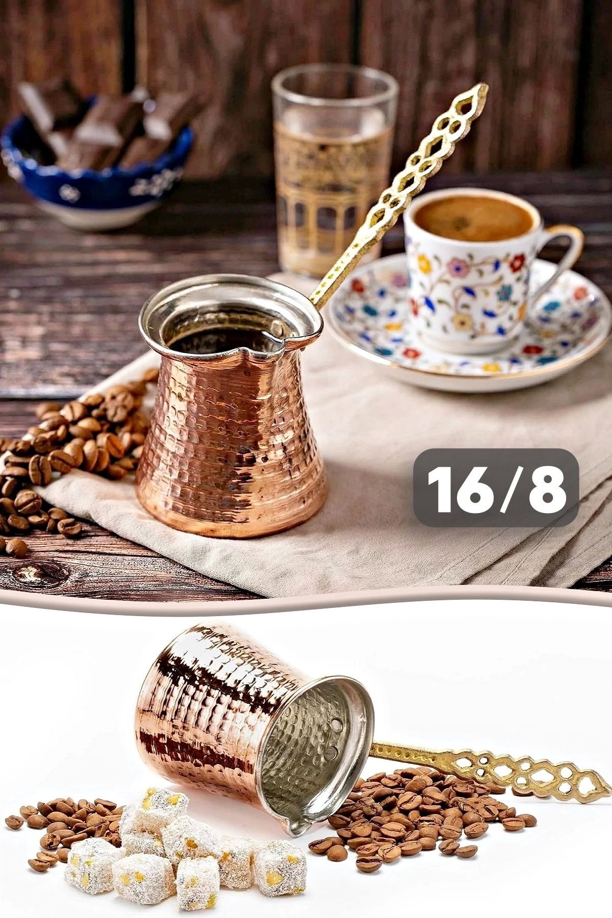 Tilbe Home El Yapımı Bakır Cezve Büyük Boy 3 Fincanlık El Dövmesi Saplı 16/8