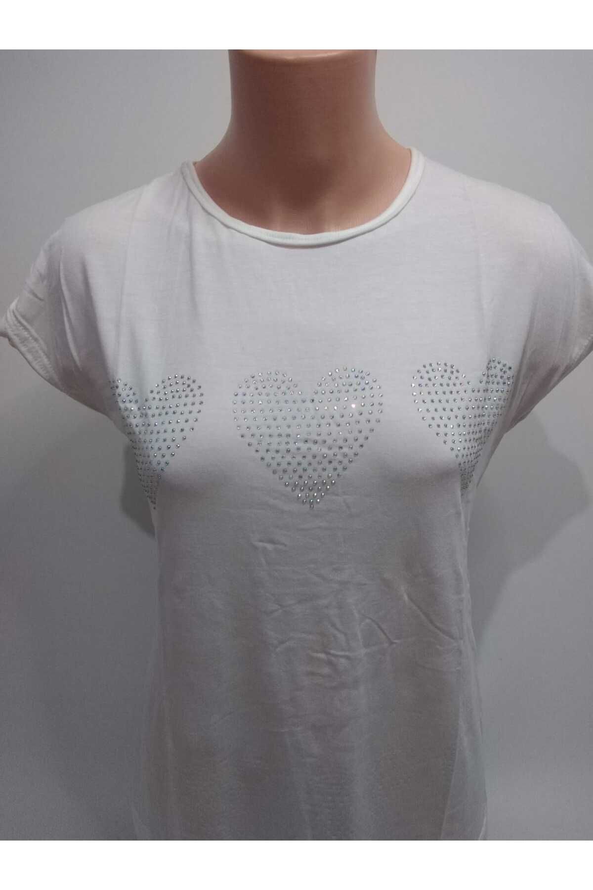 RELYA Kadın Krem Önü Kalp Desen Taşlı Kısa Yarasa Kol Viskon Tshirt