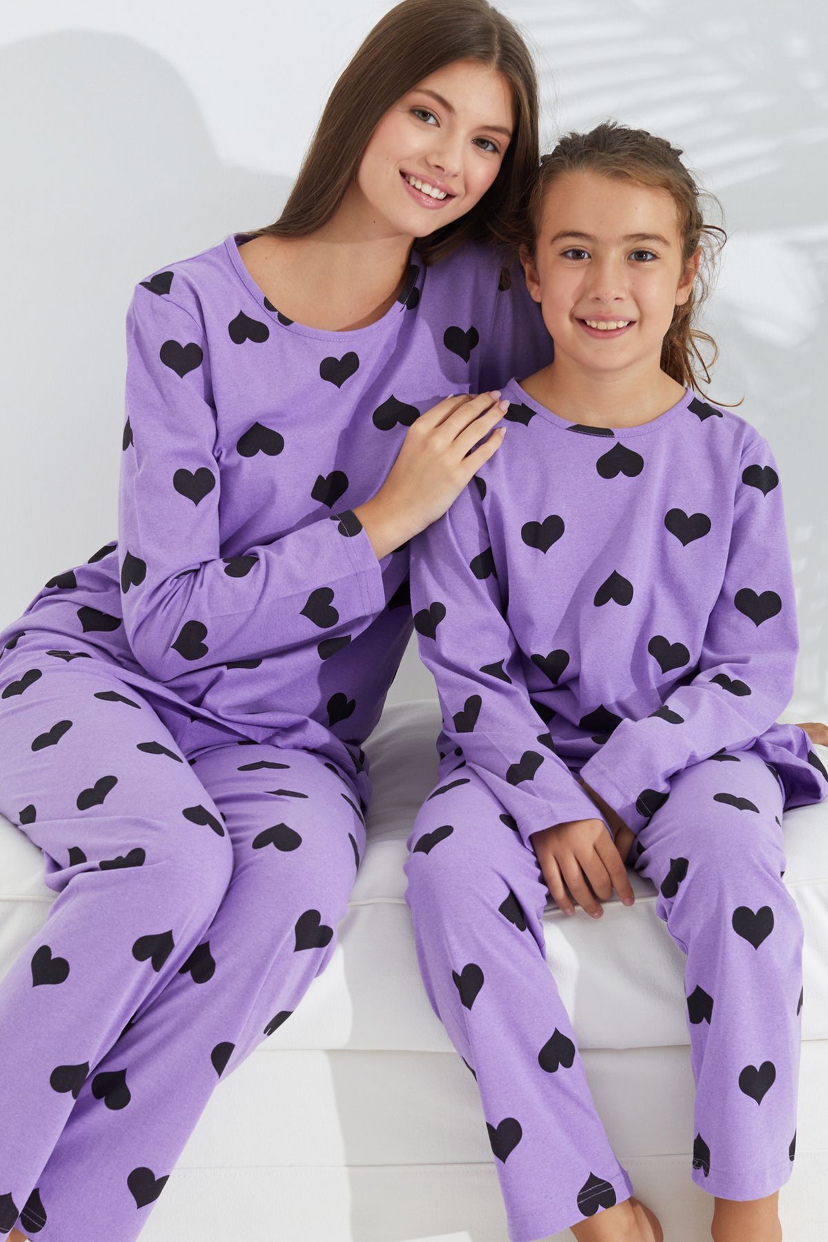 Siyah İnci lila kalp desenli Pamuklu Pijama Takımı