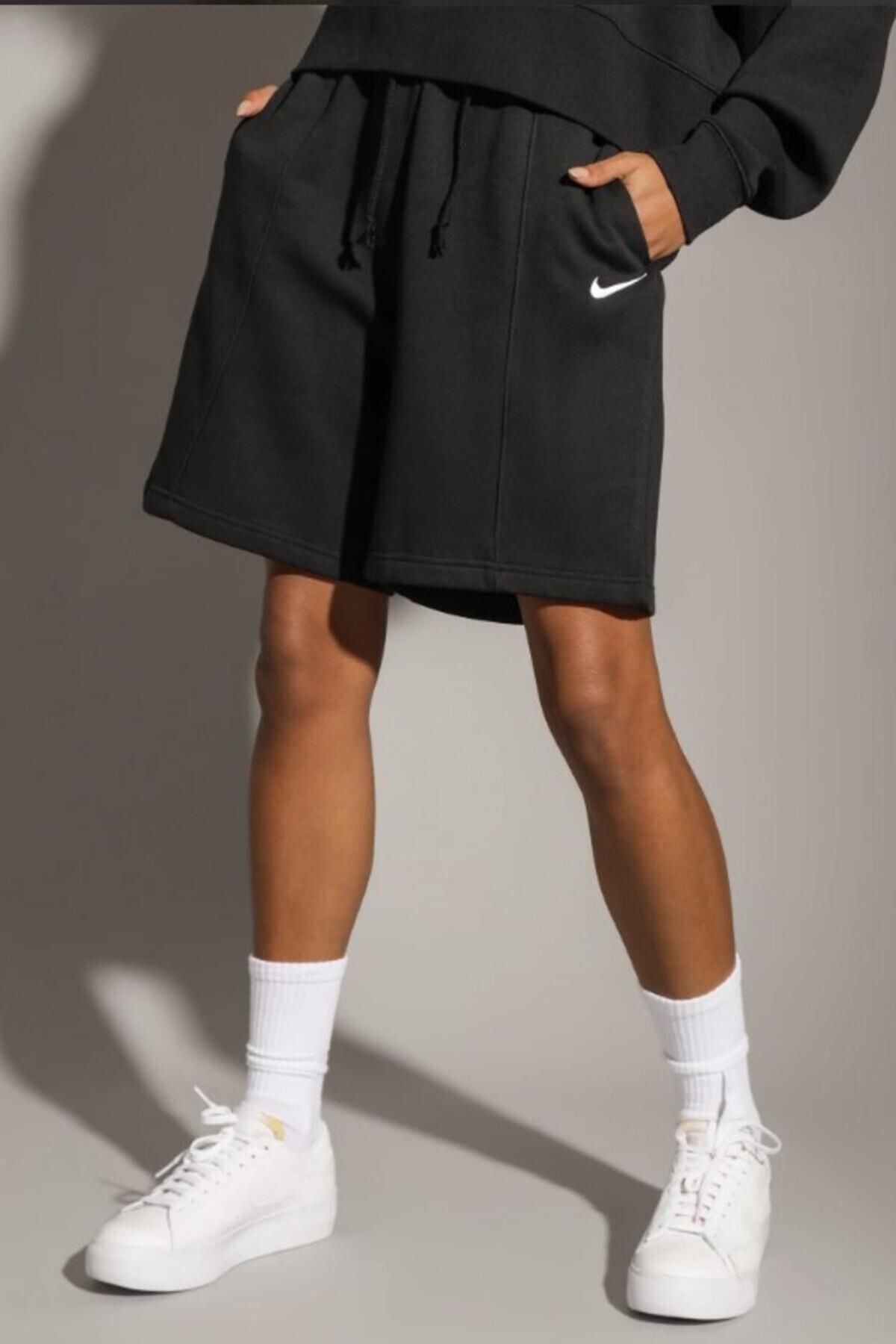 Nike Sportswear Essential Fleece Yüksek Bel Kadın Siyah Pamuklu Şort- rahat kalıp
