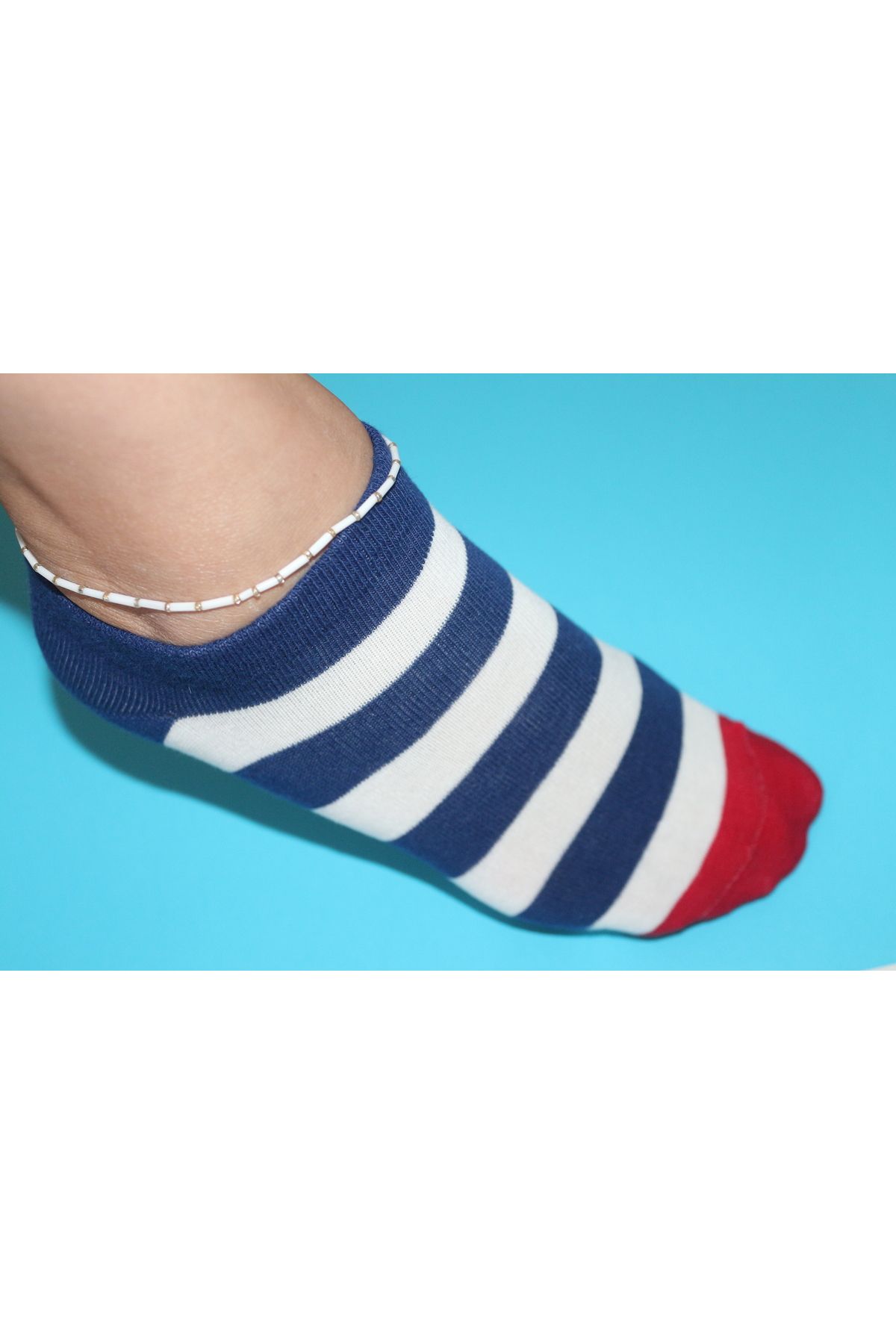 VAD 10 Lu Lacivert-beyaz Çizgili Dikişsiz Baklava Desenli Patik Çorap