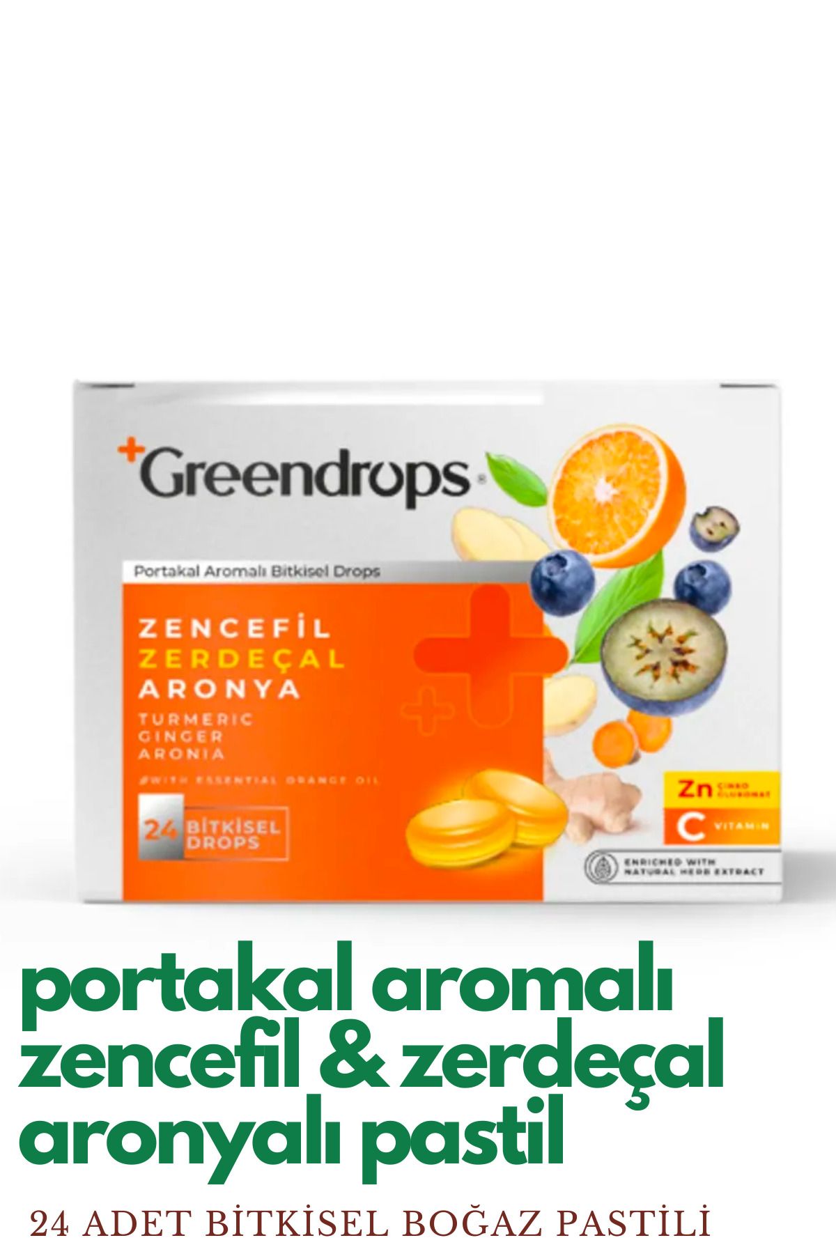 Greendrops Bitkisel Drops Boğaz Pastili - Portakal Aromalı - Zencefil, Zerdeçal Ve Aronya