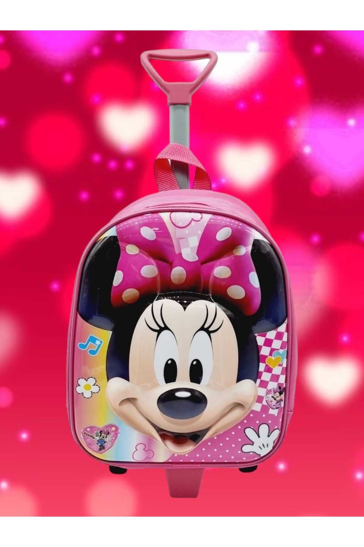 Tezzgelsin Kız Çocuk Anaokulu Minnie Mouse Figürlü Çekçekli Tekerli 5d Kabartmalı Okul Çantası Sırt Çantası