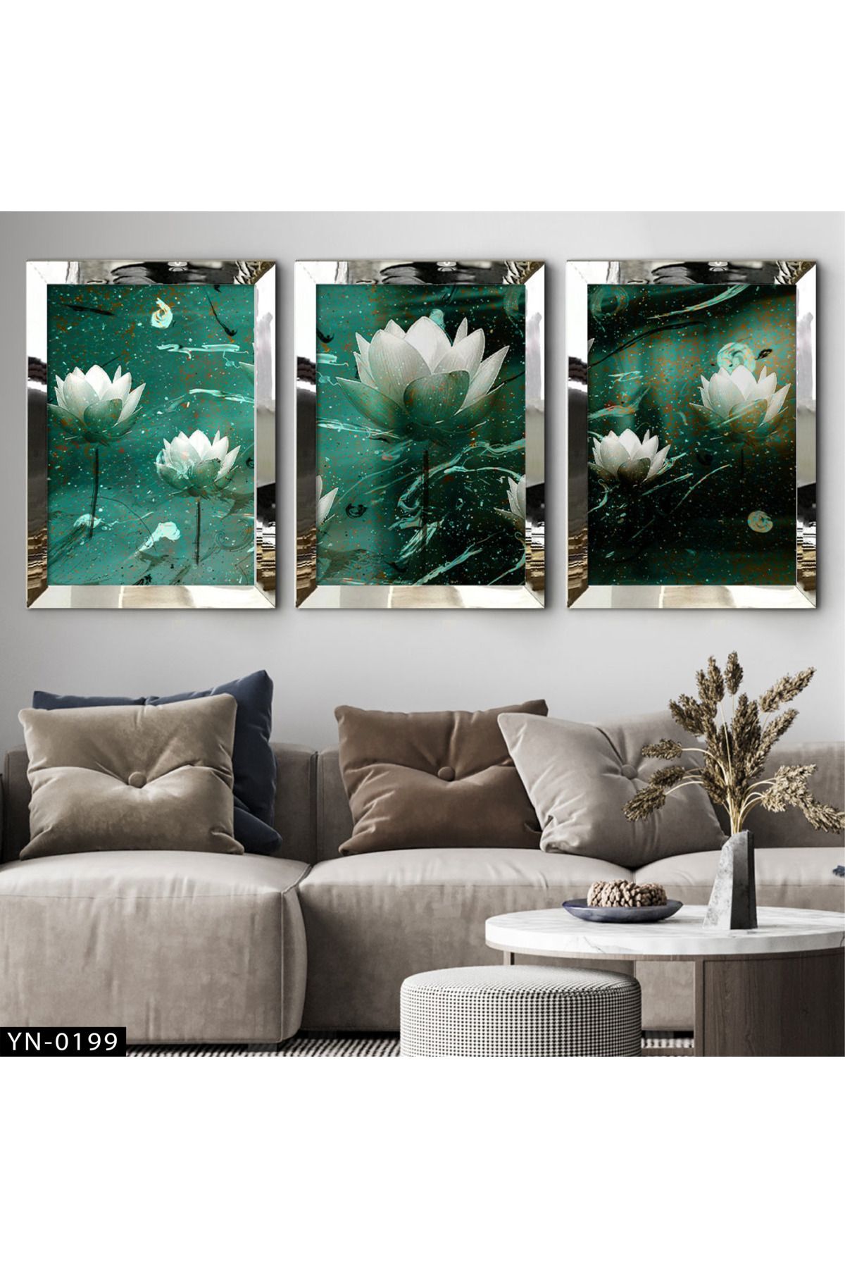 hanhomeart Yeşil Zeminli Beyaz Lotus Çiçekleri - Gümüş Ayna Çerçeveli Tablo 3'lü Set-hyn-0199