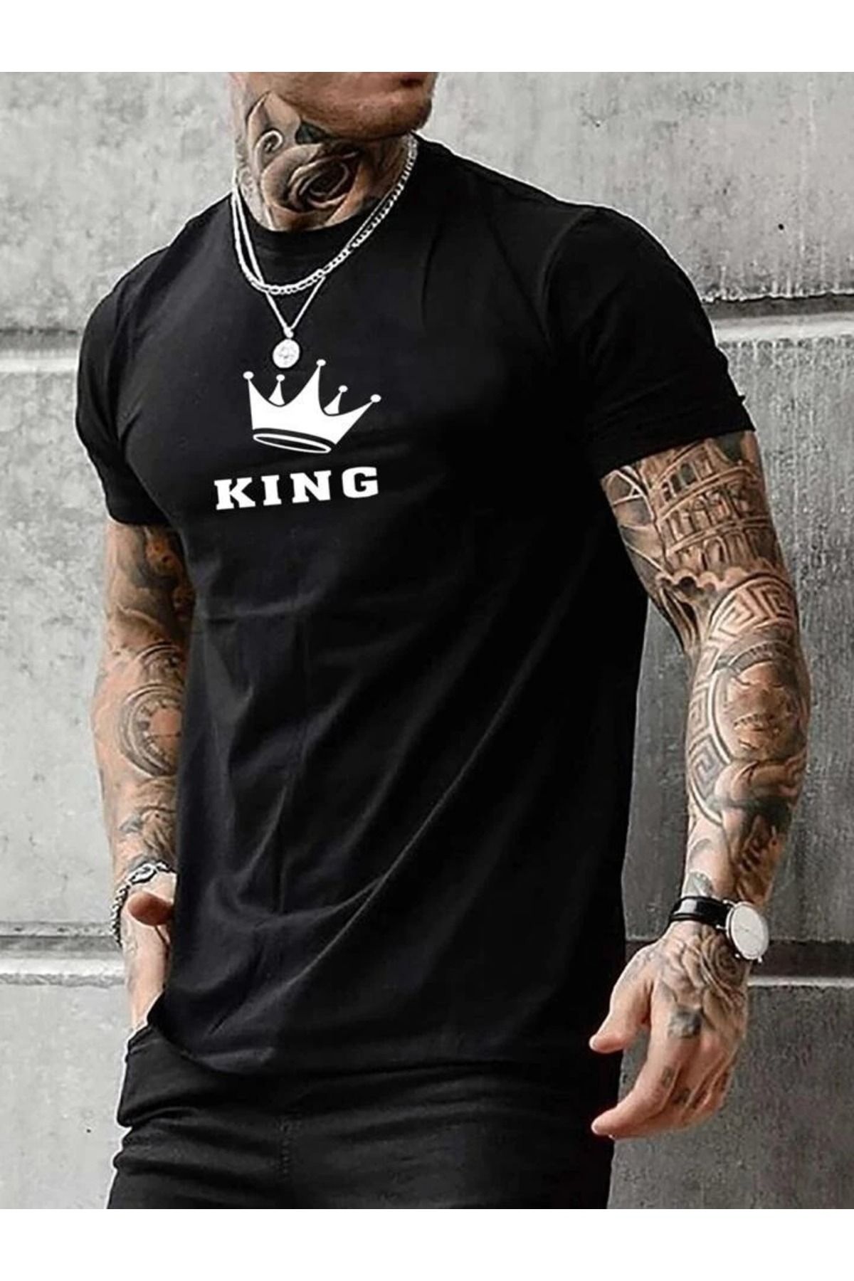 modaberry King Taç T-Shirt - Siyah Baskılı Oversize Kısa Kol Bisiklet Yaka