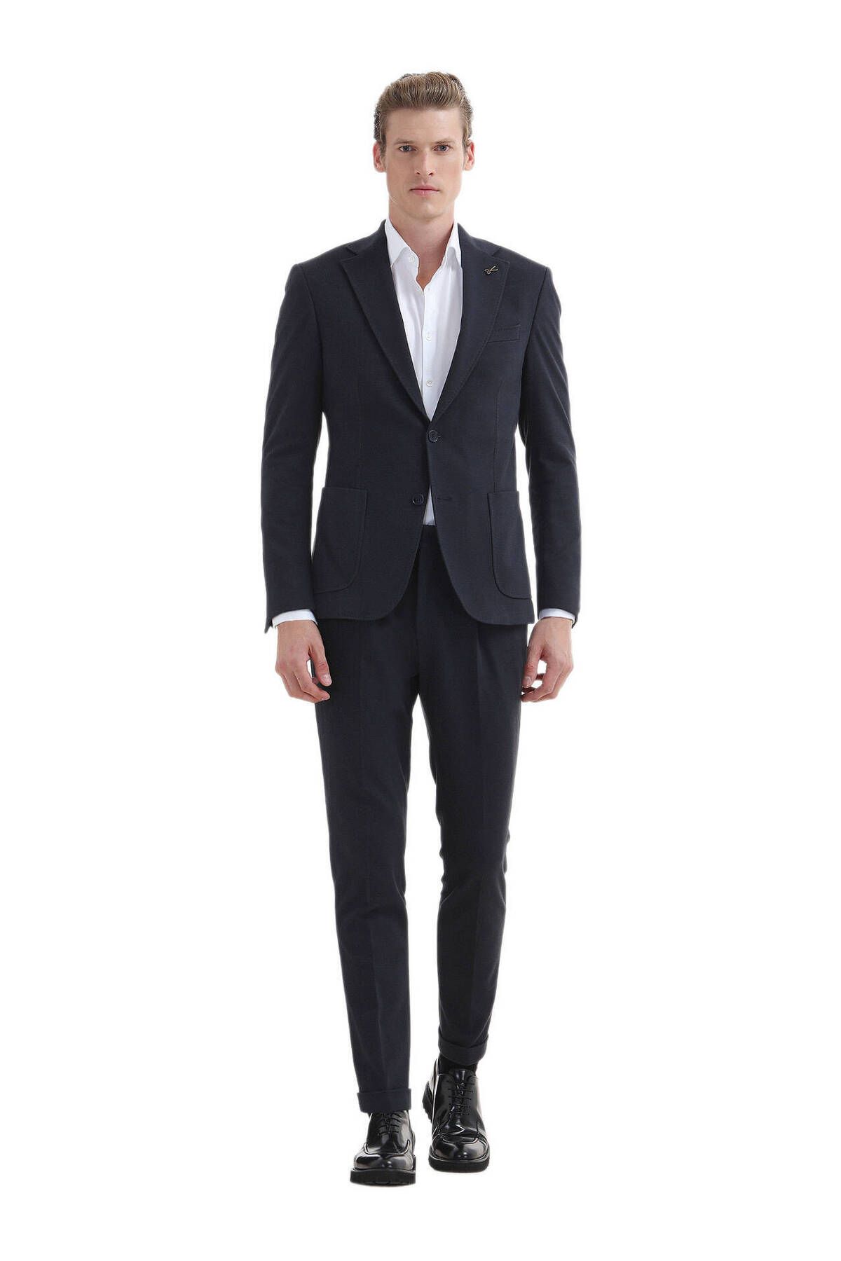 Ramsey Lacivert Düz Zeroweight Slim Fit Pamuk Karışımlı Örme Takım Elbise