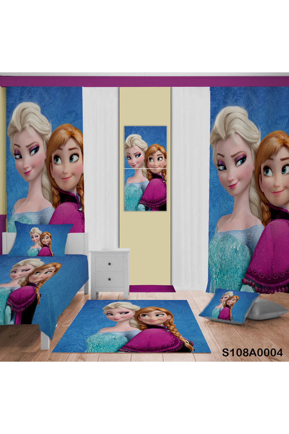 A2ZTR Frozen Elsa ve Anna Desenli Yatak Örtüsü, Perde Çift Taraf, Yastık, Kırlent Kılıfı , Halı Ve Tablo
