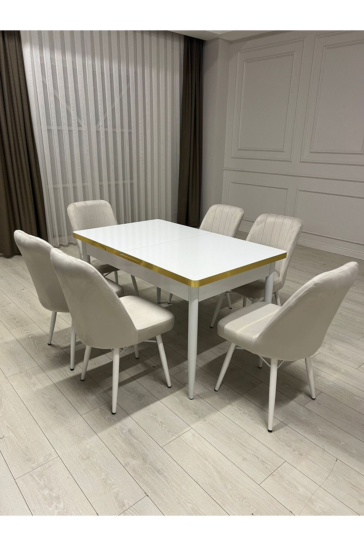 Kristal Evim Açılabilir Yemek Masası Takımı Mdf Masa Takımı Beyaz Gold Salon Ve Mutfak Masası Takımı Bgl009