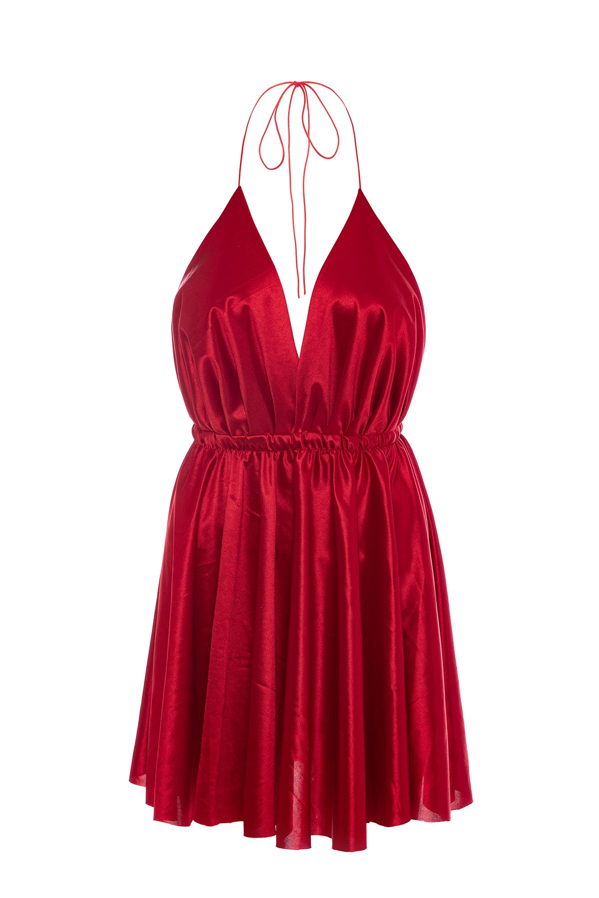 Gülşah Evecen Özel Tasarım Bluing Kırmızı Saten Kısa Elbise