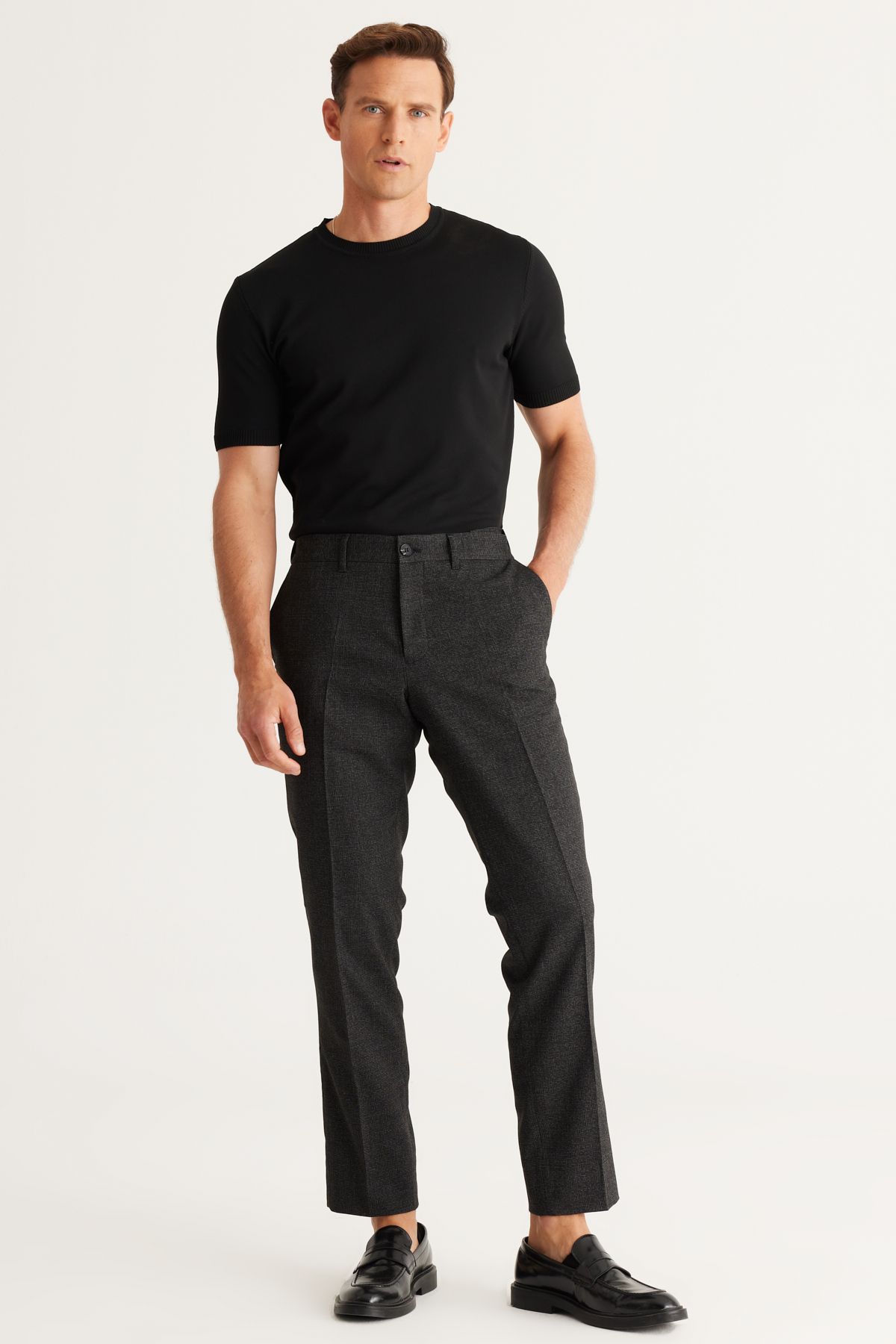 Altınyıldız Classics Erkek Siyah Comfort Fit Rahat Kesim Beli Lastikli Desenli Esnek Klasik Kumaş Pantolon