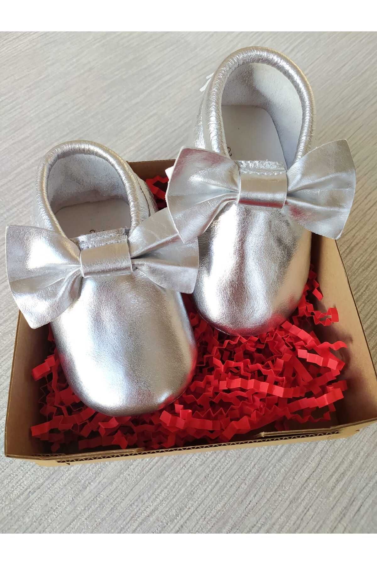MİNİBİRİ Bella Model Gümüş Renk Bebek Makosen Patik Bebek Ayakkabısı