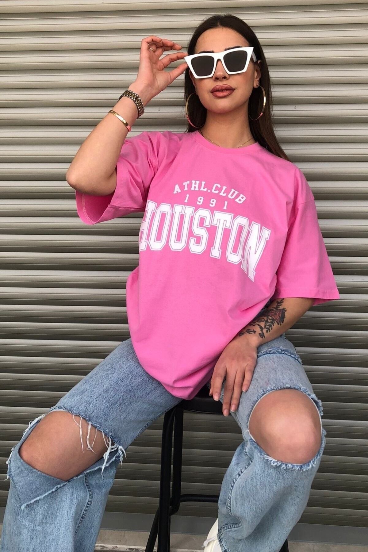 mercoledi Houston Baskılı Kadın Oversize Pembe T-shirt
