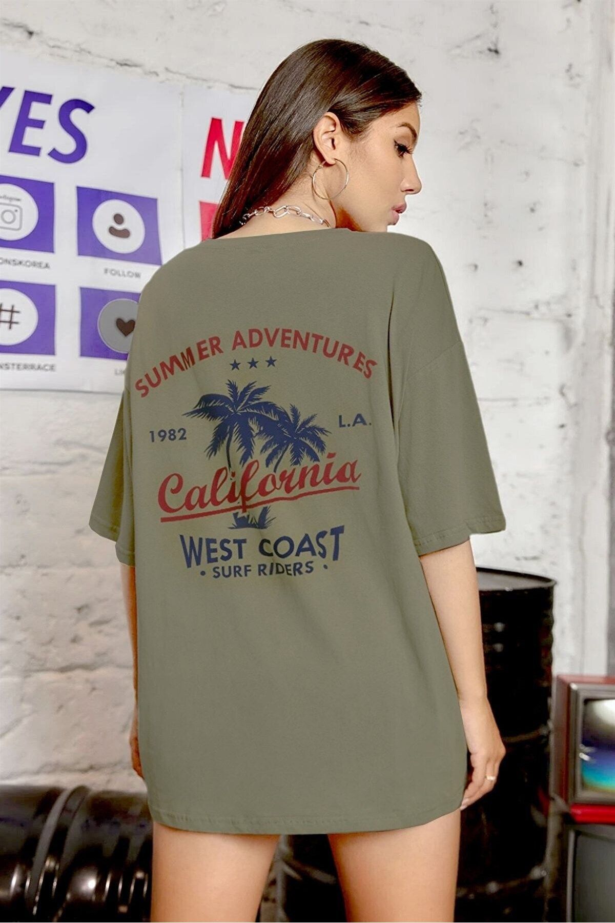 Teenage Millionaire Kadın Açık Haki Oversize California Baskılı T-shirt - K2106