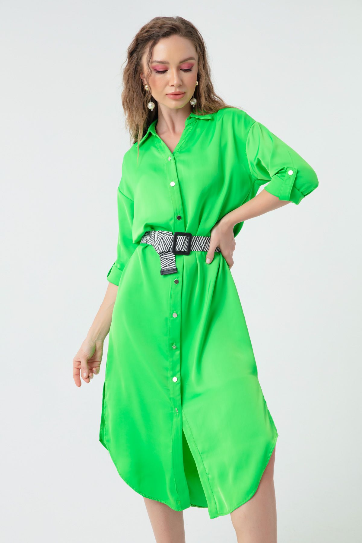 Lafaba Kadın Yeşil Kemerli Saten Elbise
