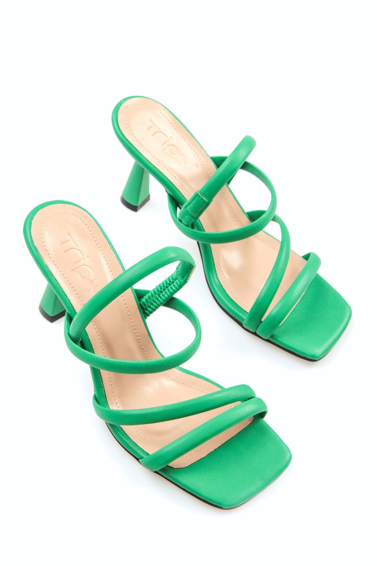 Tripy Kadın Çift Bantlı Arka Bandı Lastikli Yeşil Topuklu Ayakkabı