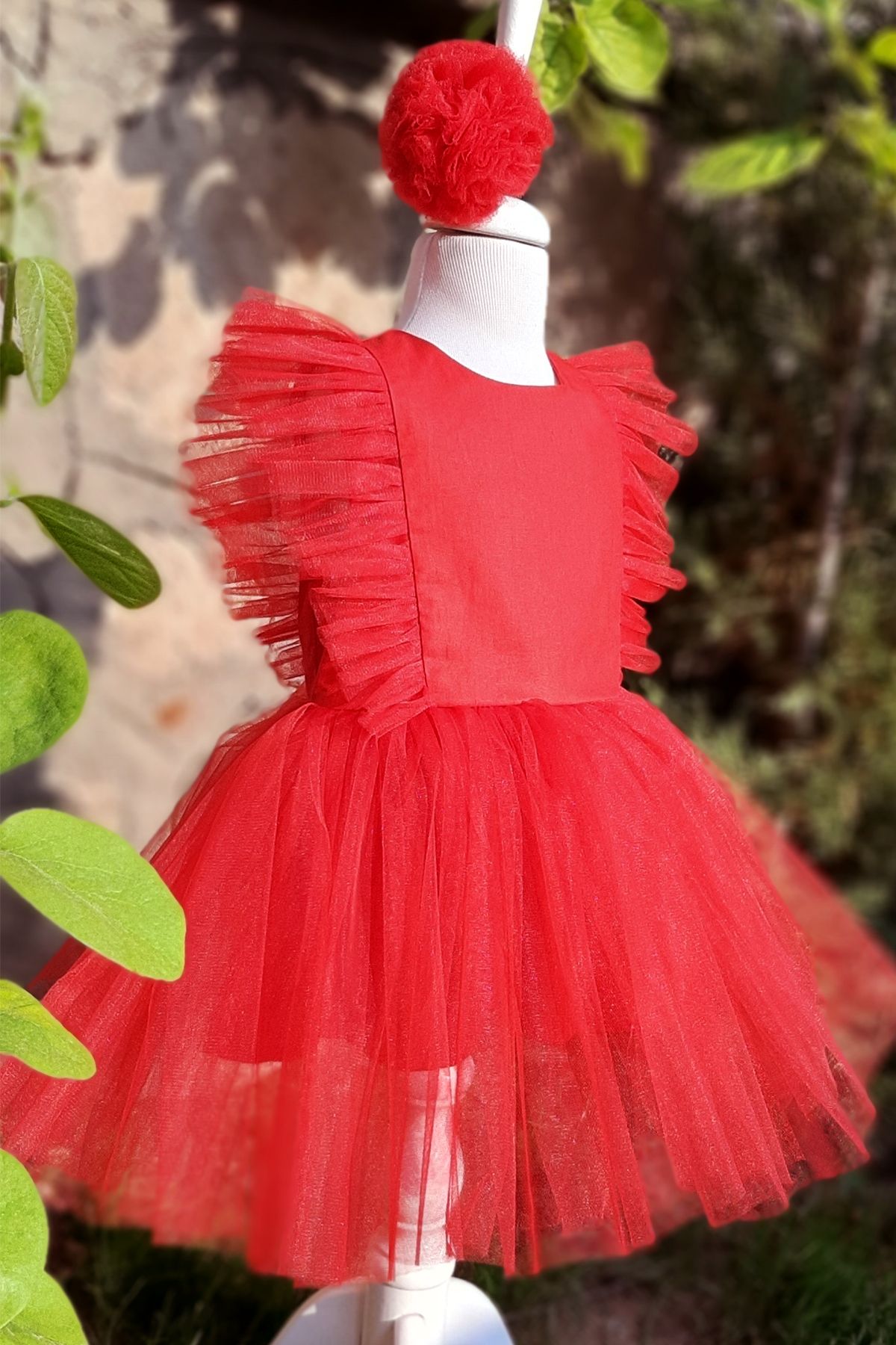 Shecco Babba Kız Çocuk Tül Detaylı Kırmızı Tütü Elbise Bandana Takım Doğum Günü Elbisesi