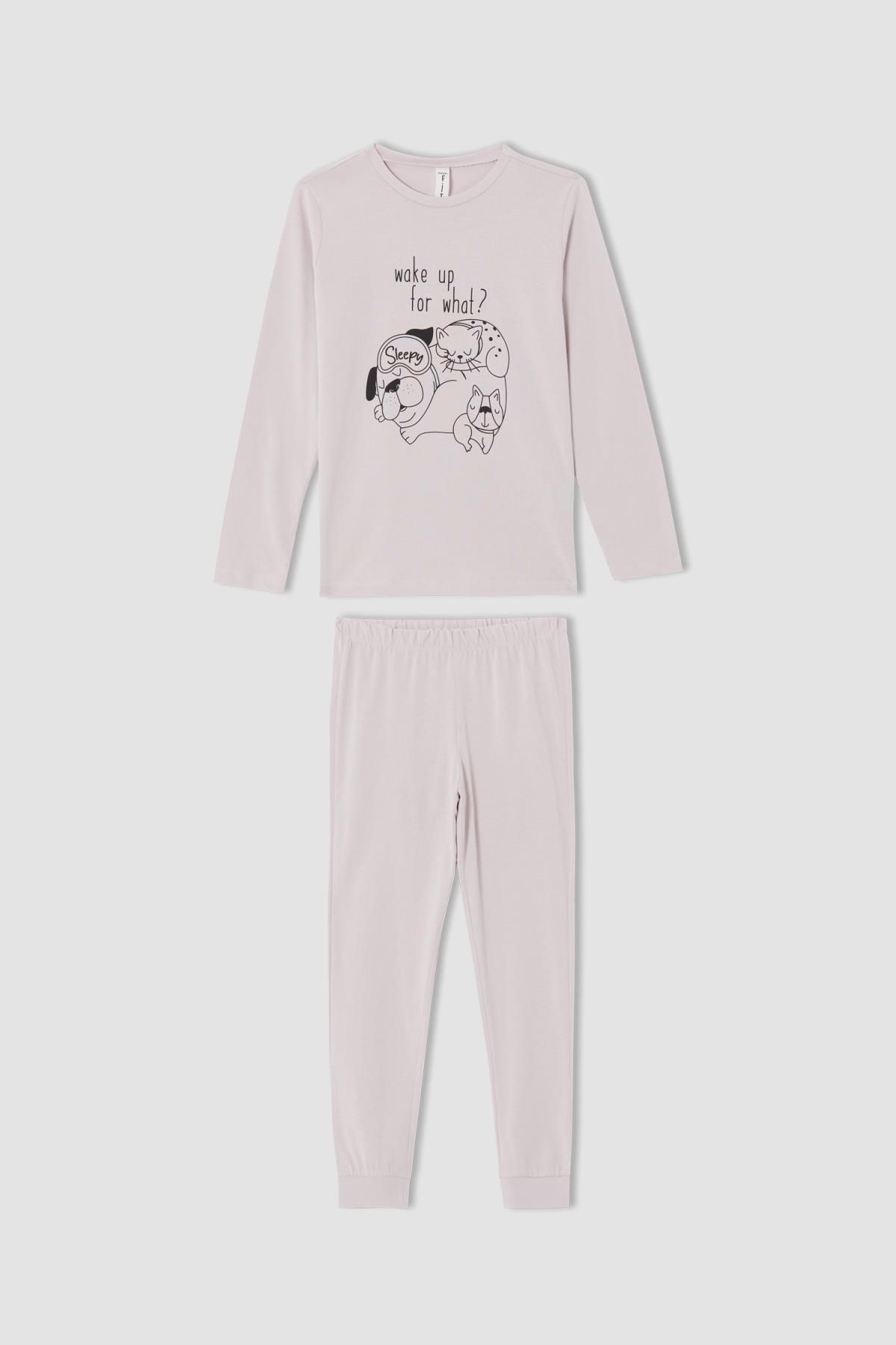 Defacto Kız Çocuk Baskılı Uzun Kollu Pijama Takımı