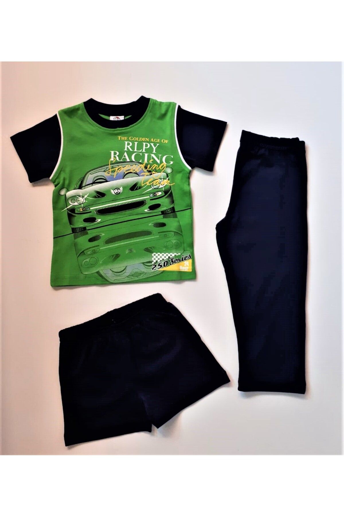 Rolypoly Yazlık Erkek Çocuk %100 Pamuk&cotton Yeşil Renk Şort Ve Pantolonlu Üçlü Pijama Takımı