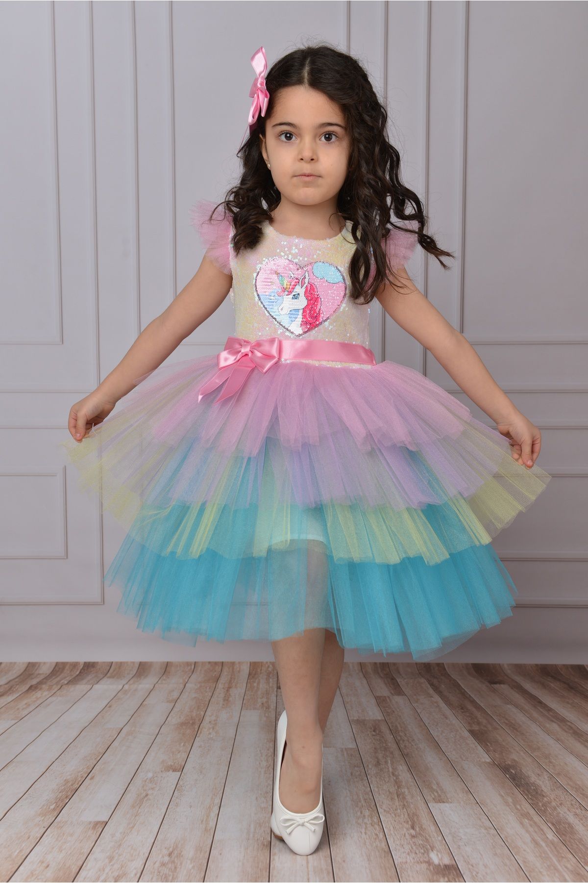 Mixie Kız Çocuk Renkli Unicorn Tüllü Elbise