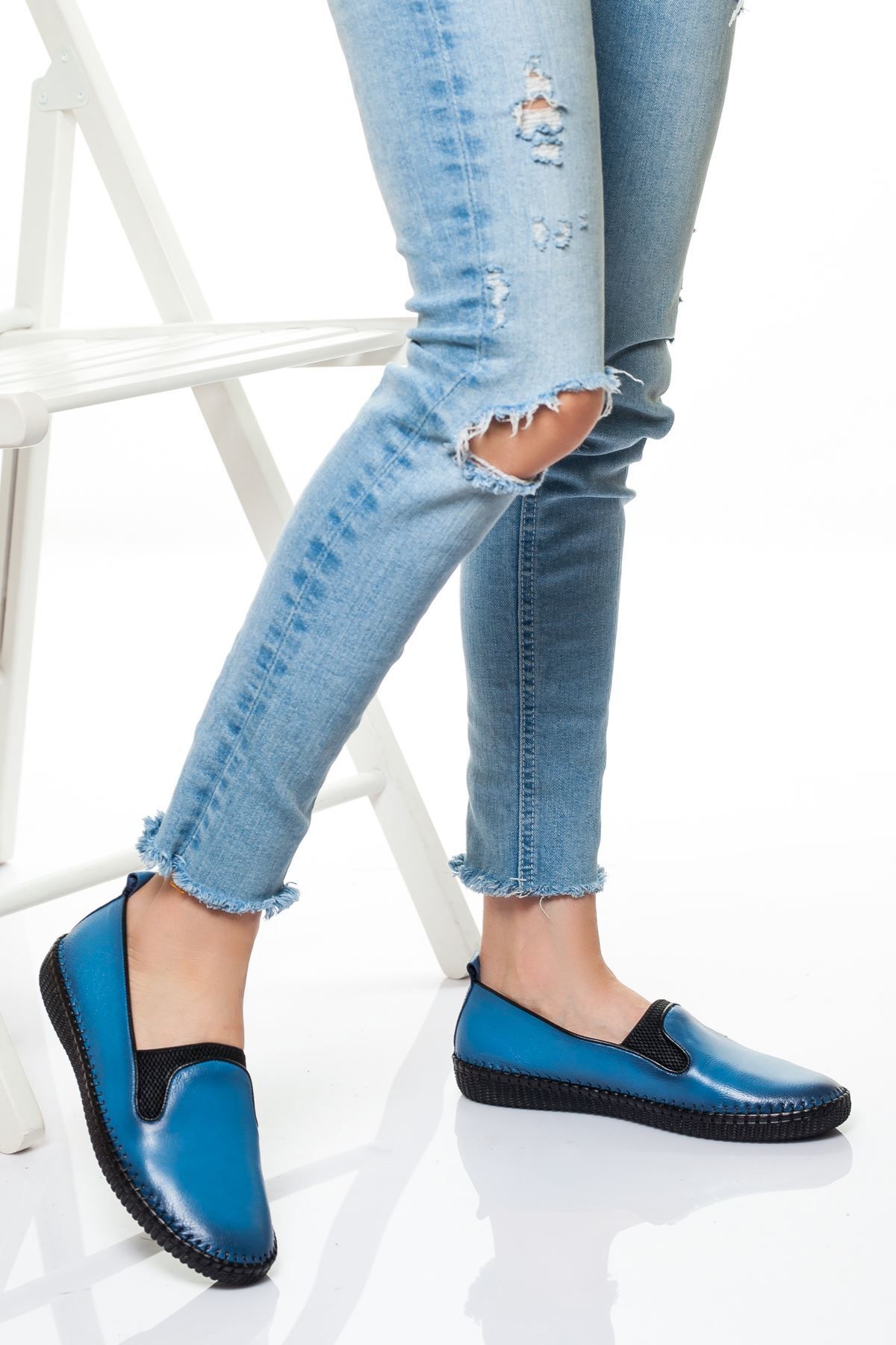 derithy Kadın Kot Mavi Hakiki Deri Klasik Ayakkabı