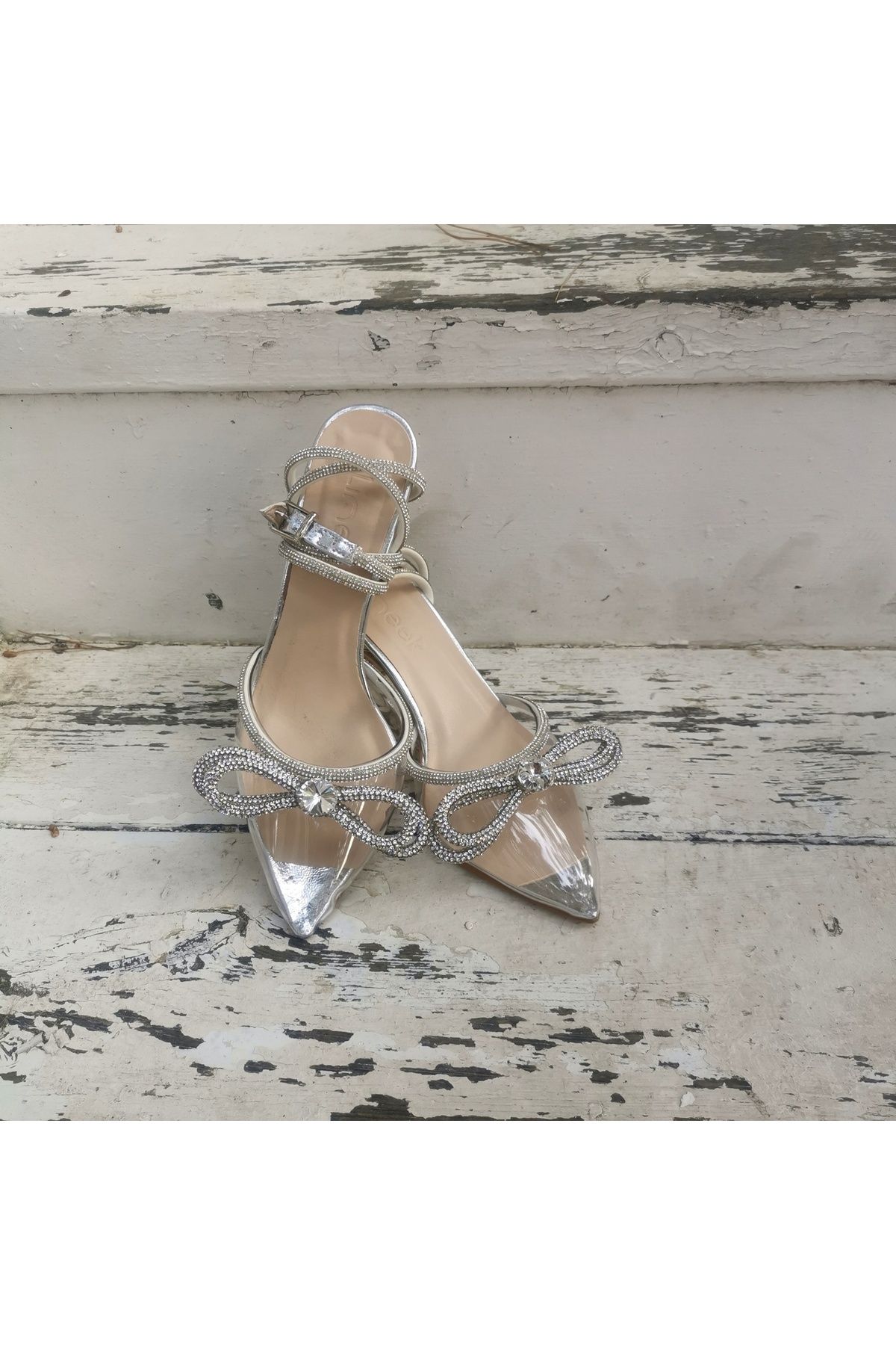 LİNEER Kadın Şeffaf 7 Cm Kadeh Topuklu Taşlı Fiyonklu Stiletto Gelin Ayakkabısı