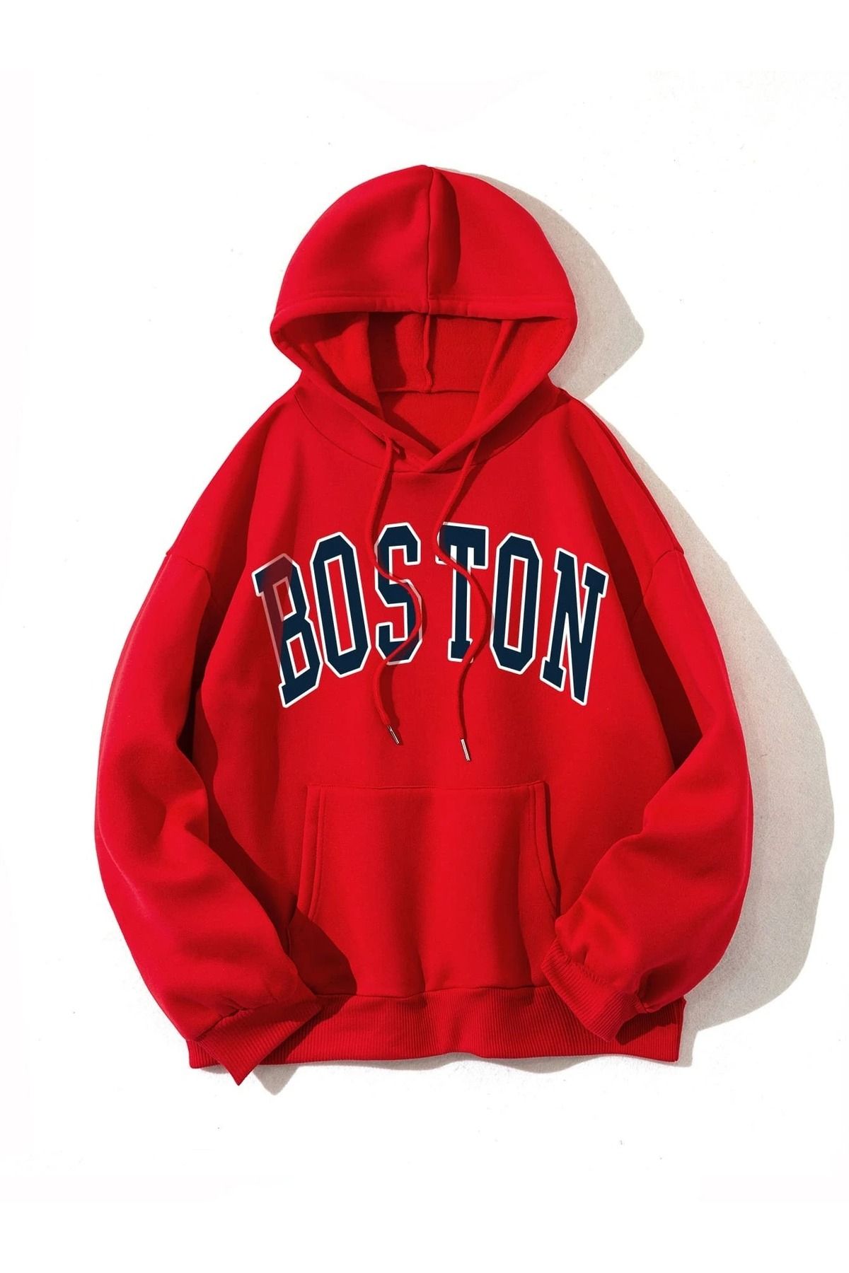 Trendseninle Unisex Kırmızı Oversize Boston Baskılı Sweatshirt Kapüşonlu