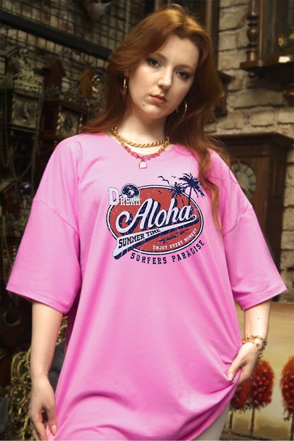 Teenage Millionaire Fuşya Pembe Oversize Aloha Baskılı Kadın T-shirt - K2112