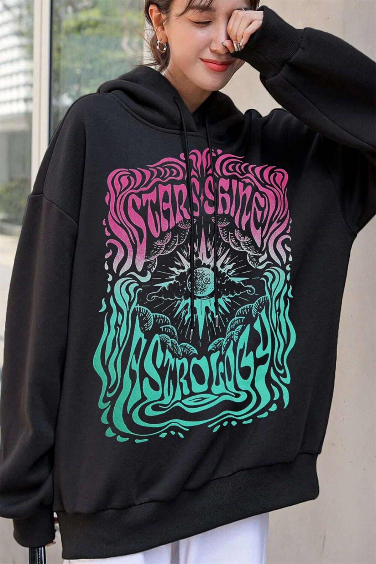 Millionaire Kadın Siyah Starshine Oversize Kapüşonlu 3 Iplik Şardonlu Sweatshirt