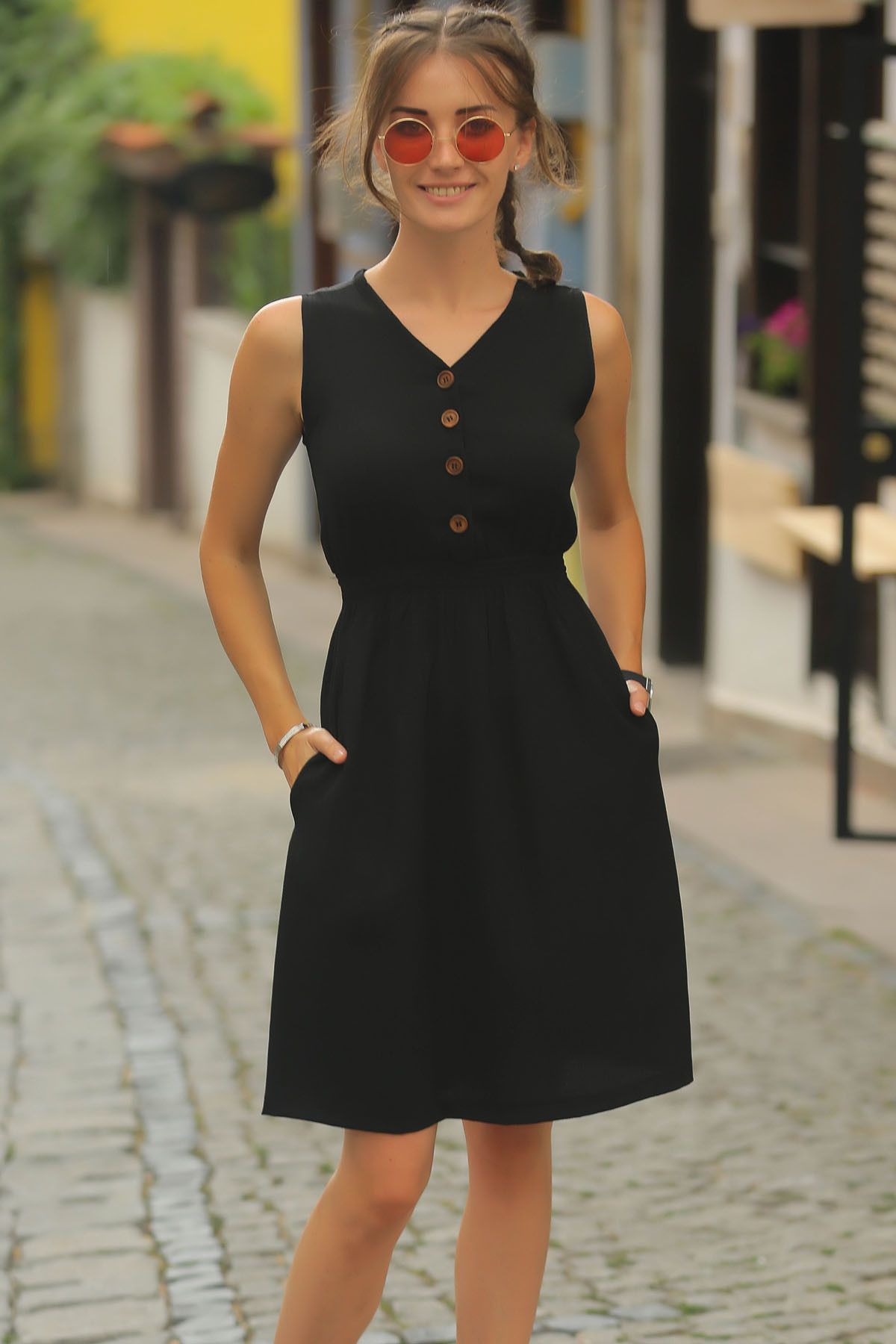 armonika Kadın Siyah Beli Lastikli Üstü Düğmeli Elbise ARM-18Y001152