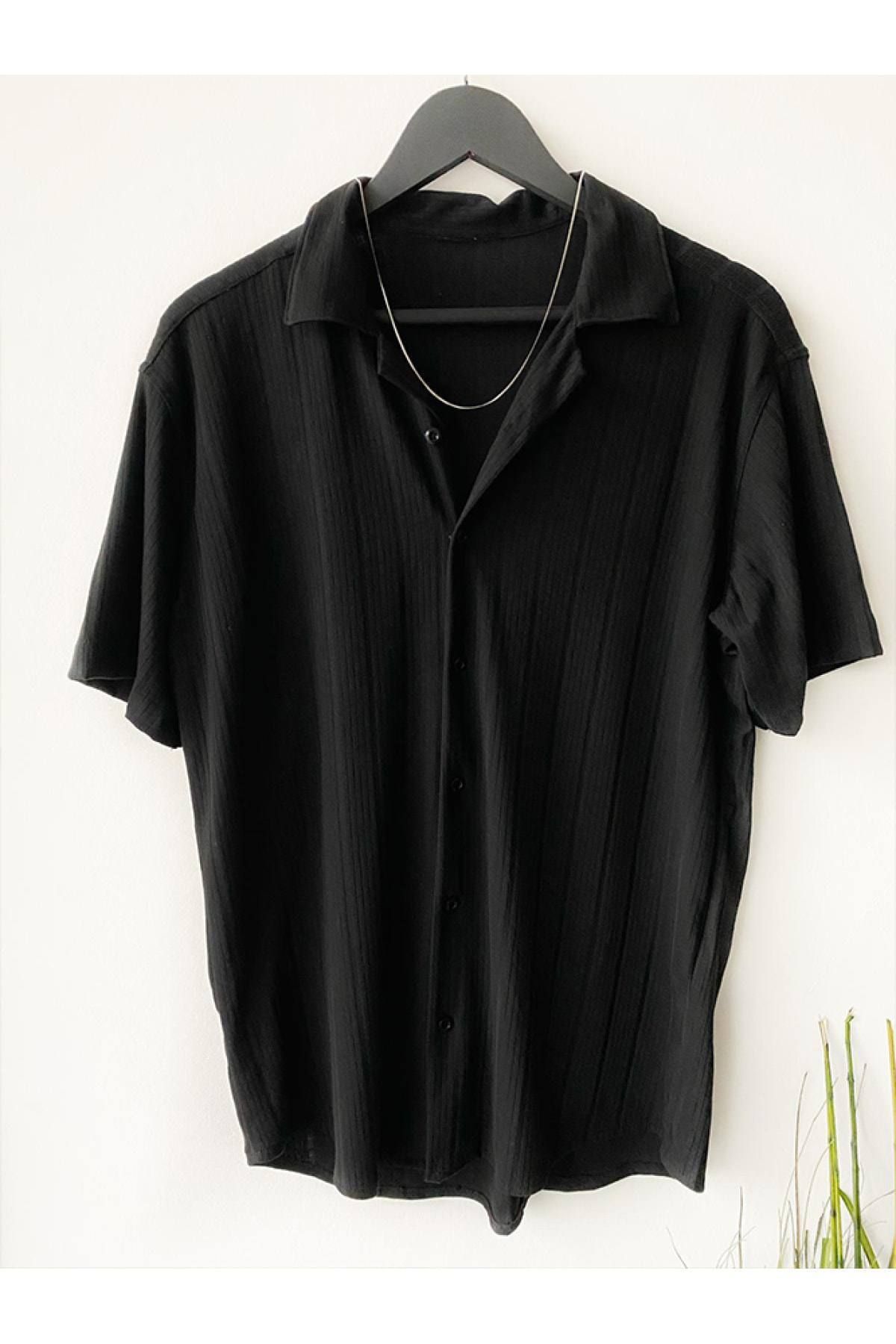 A&O Style Siyah Erkek Normal Kalıp Efsane Kumaş Pamuklu Kısa Kol Gömlek