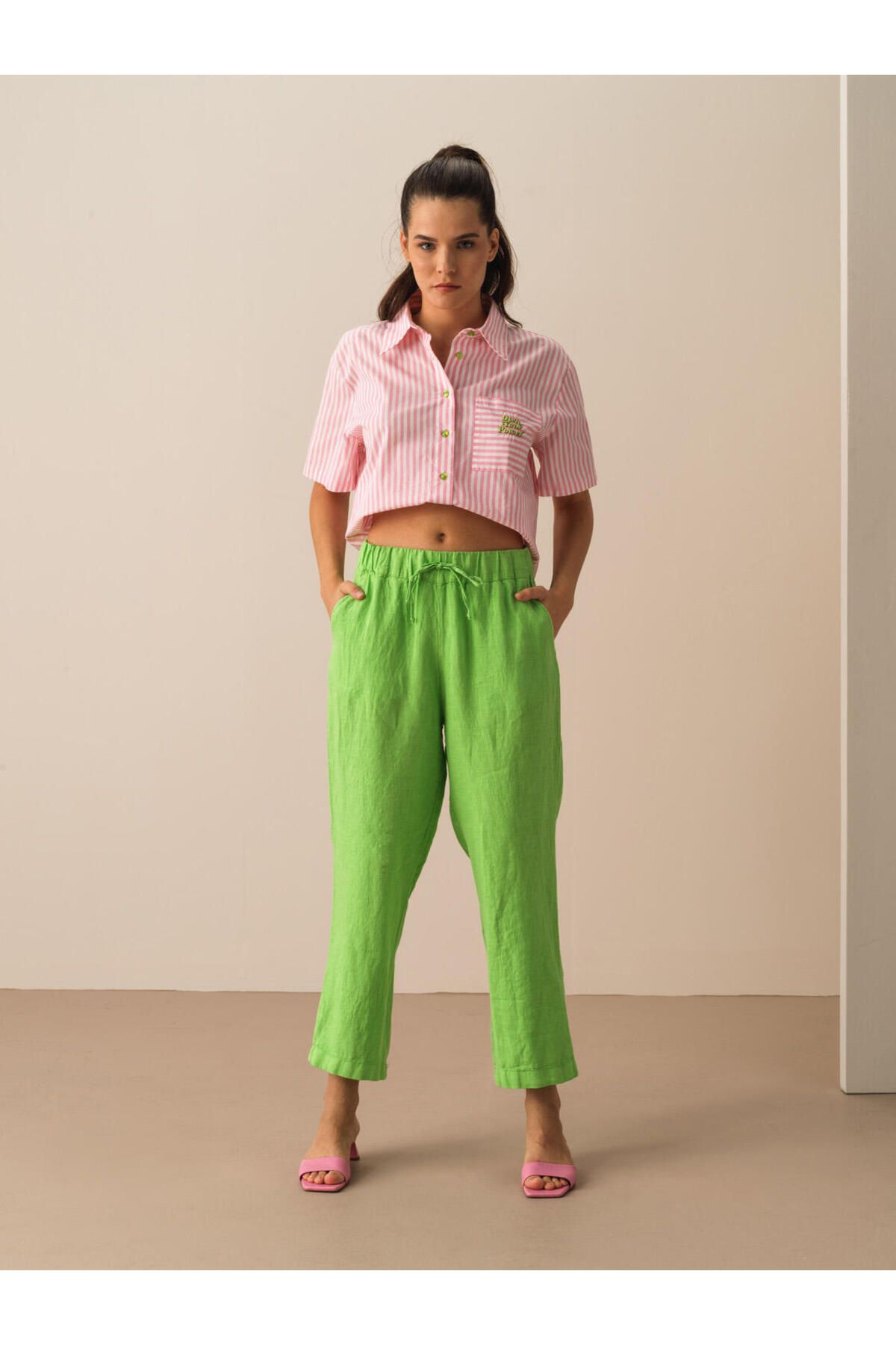 Xint Kadın Yeşil %100 Keten Regular Fit Basic Pantolon