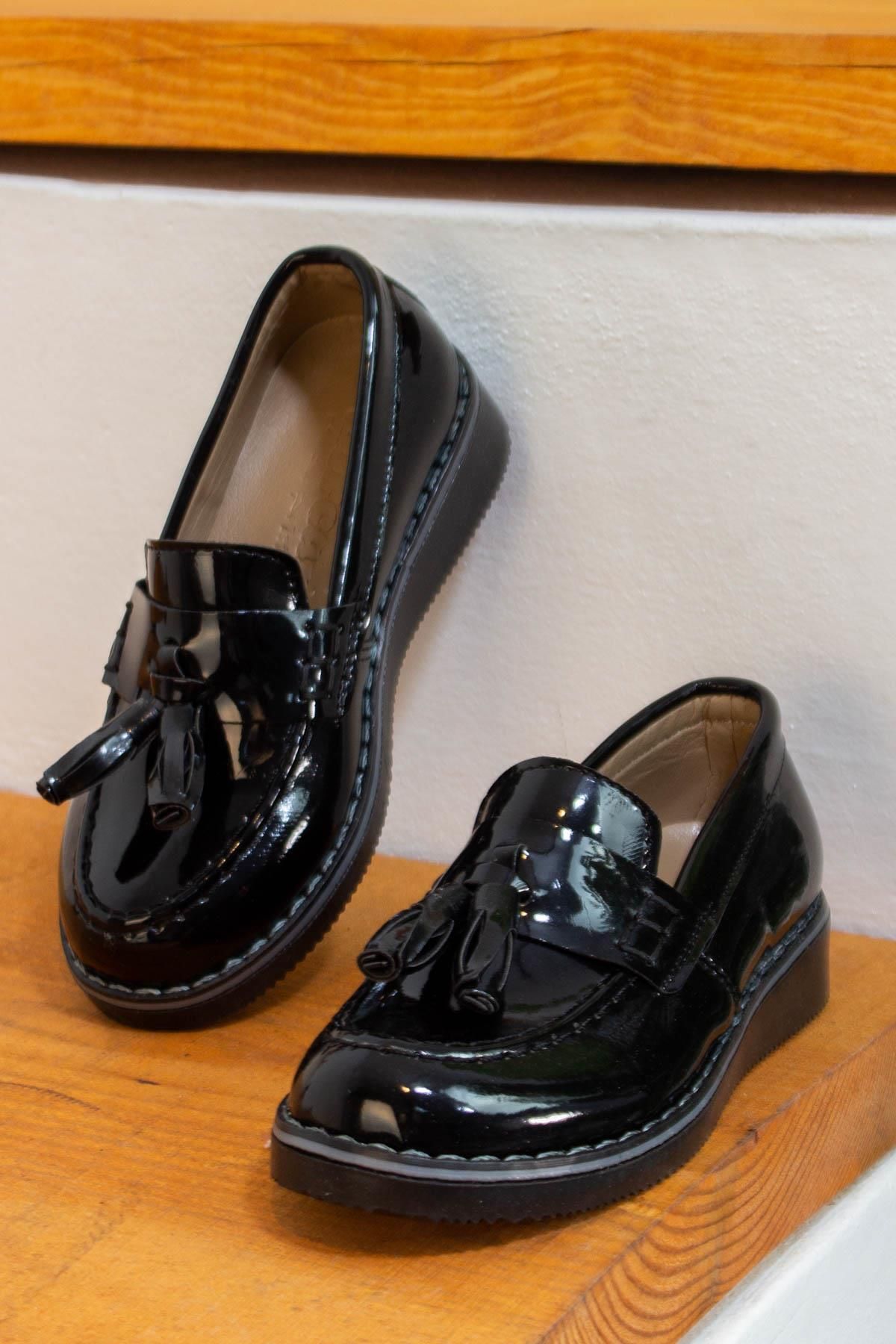 Moda Lalin Corcik Model Erkek Çocuk Ayakkabı Rugan Siyah