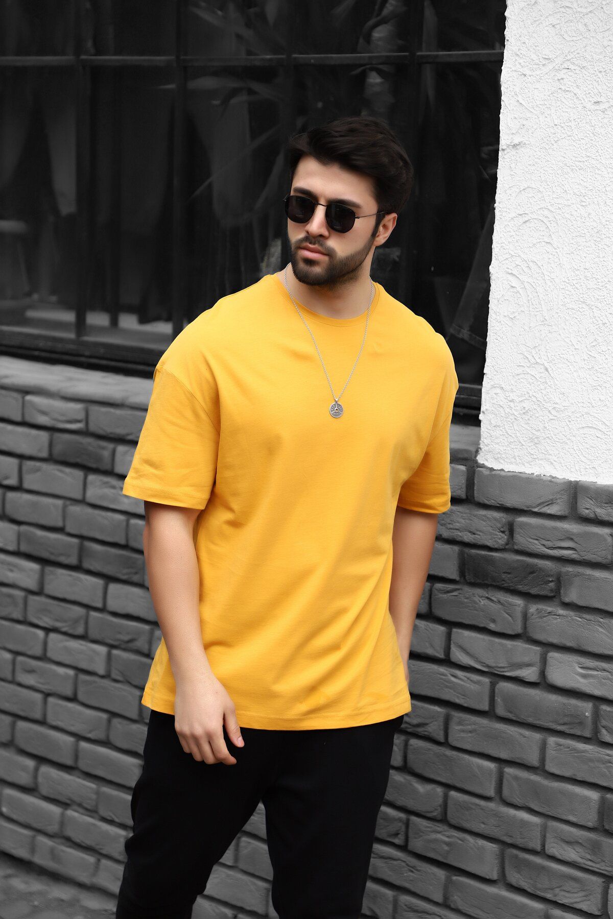 Weyeze Erkek Sarı Simple Basic Oversize T-shirt