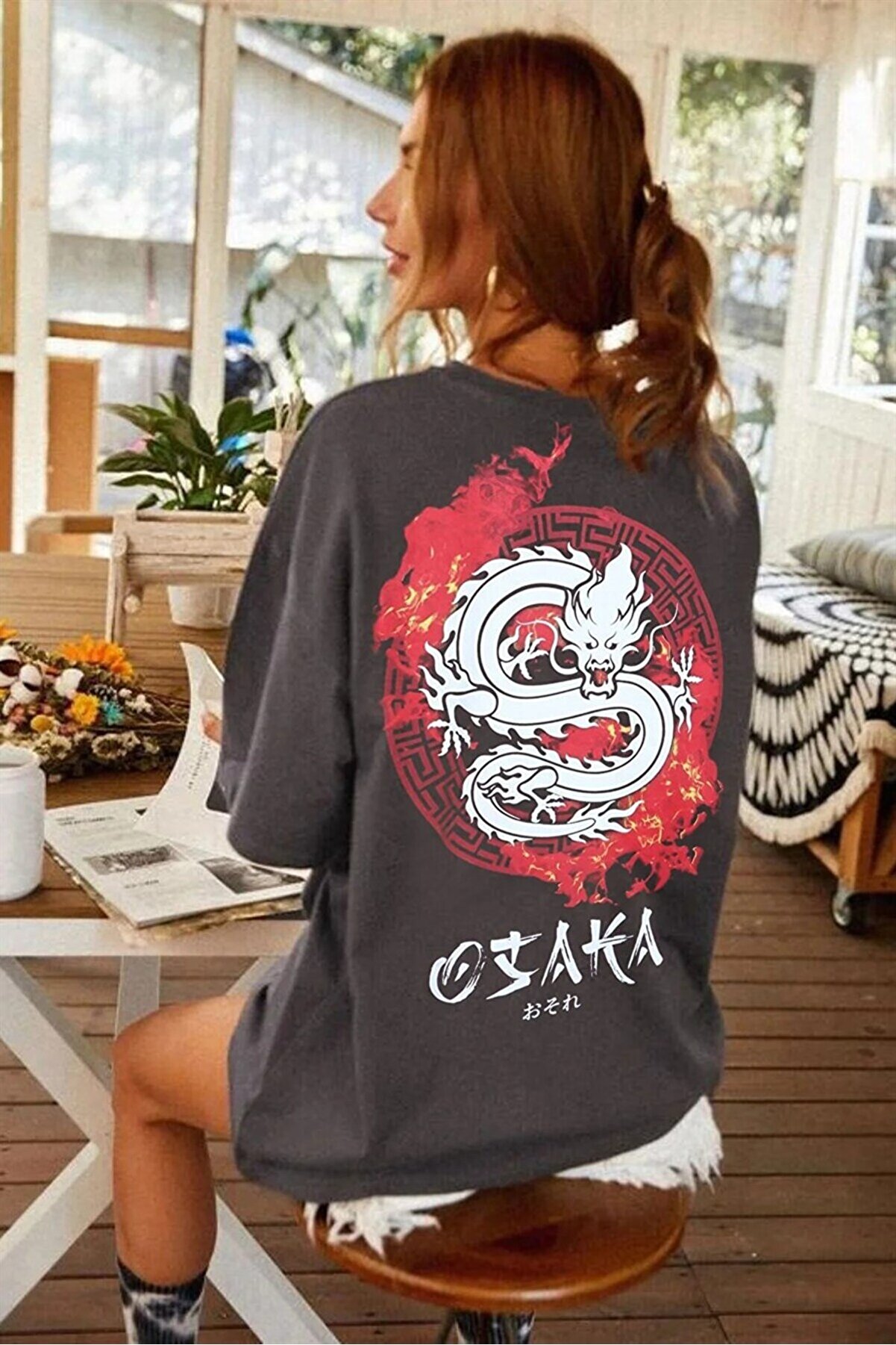 Teenage Millionaire Antrasit Osaka Dragon Japonca Baskılı Oversize Salaş Kadın T-shirt - K2103
