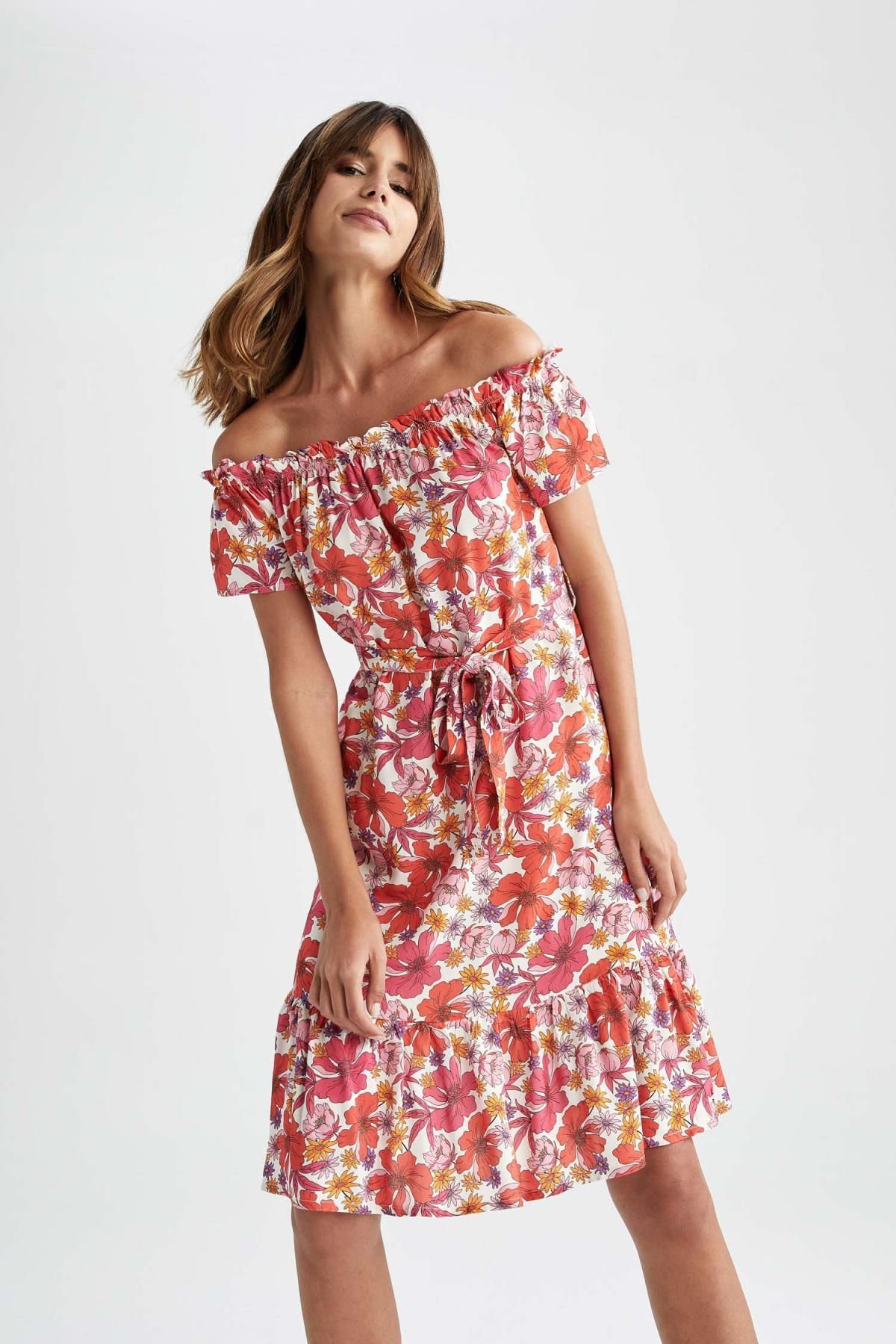Defacto Floral Desenli Carmen Yaka Yazlık Midi Elbise