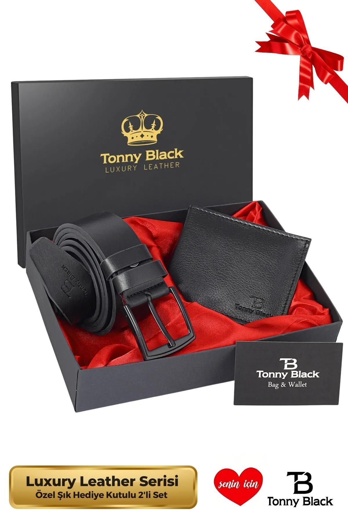 Tonny Black Orijinal Erkek Özel Hediye Kutulu 2'li Set Luxury Serisi Damat Hediyelik Şık Deri Kemer Cüzdan Seti