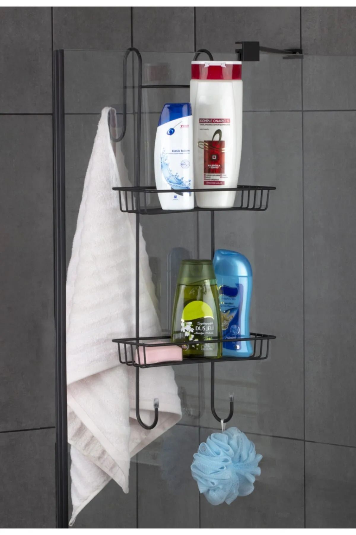 EVA METAL TASARIM Siyah Duşakabin Şampuanlık, Banyo Askısı,Banyo Rafı