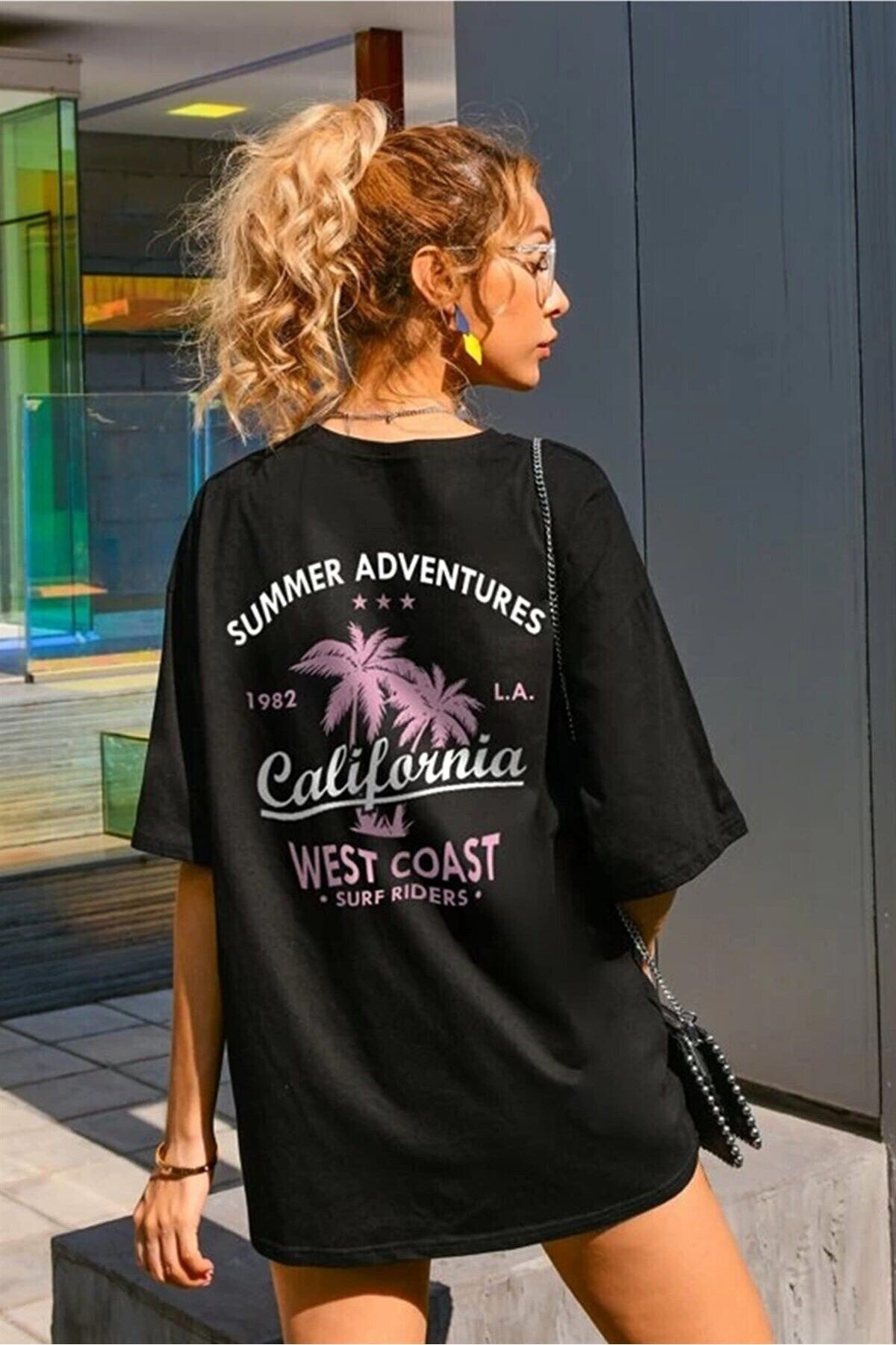 Teenage Millionaire Kadın Siyah Oversize California Baskılı T-shirt - K2106