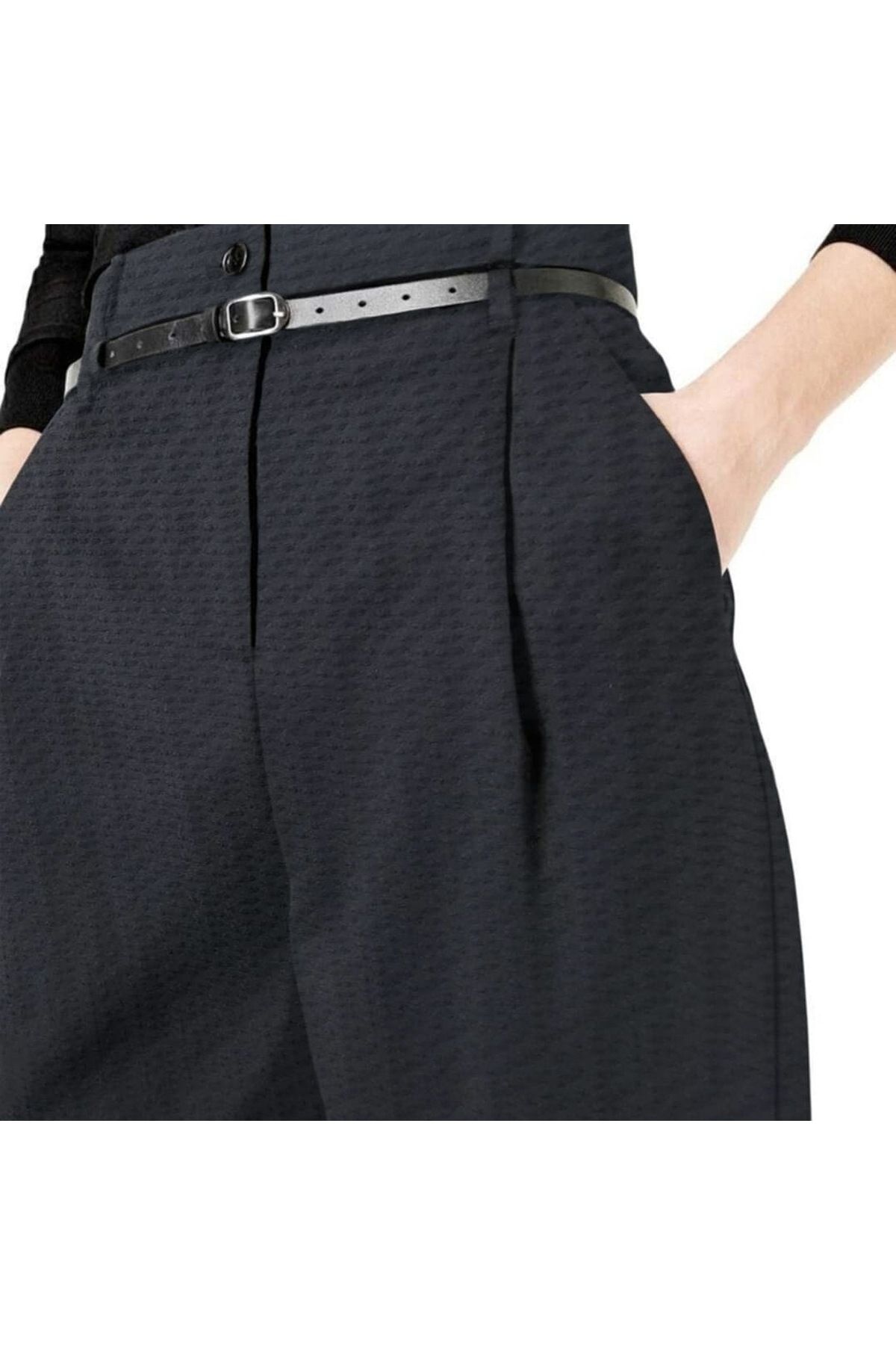 Sheen Dmr Kadın 4 Mevsim Giyilebilen Yünlü Likralı Yüksek Bel Bol Paça Haute Couture Siyah Bürümcük Pantolon
