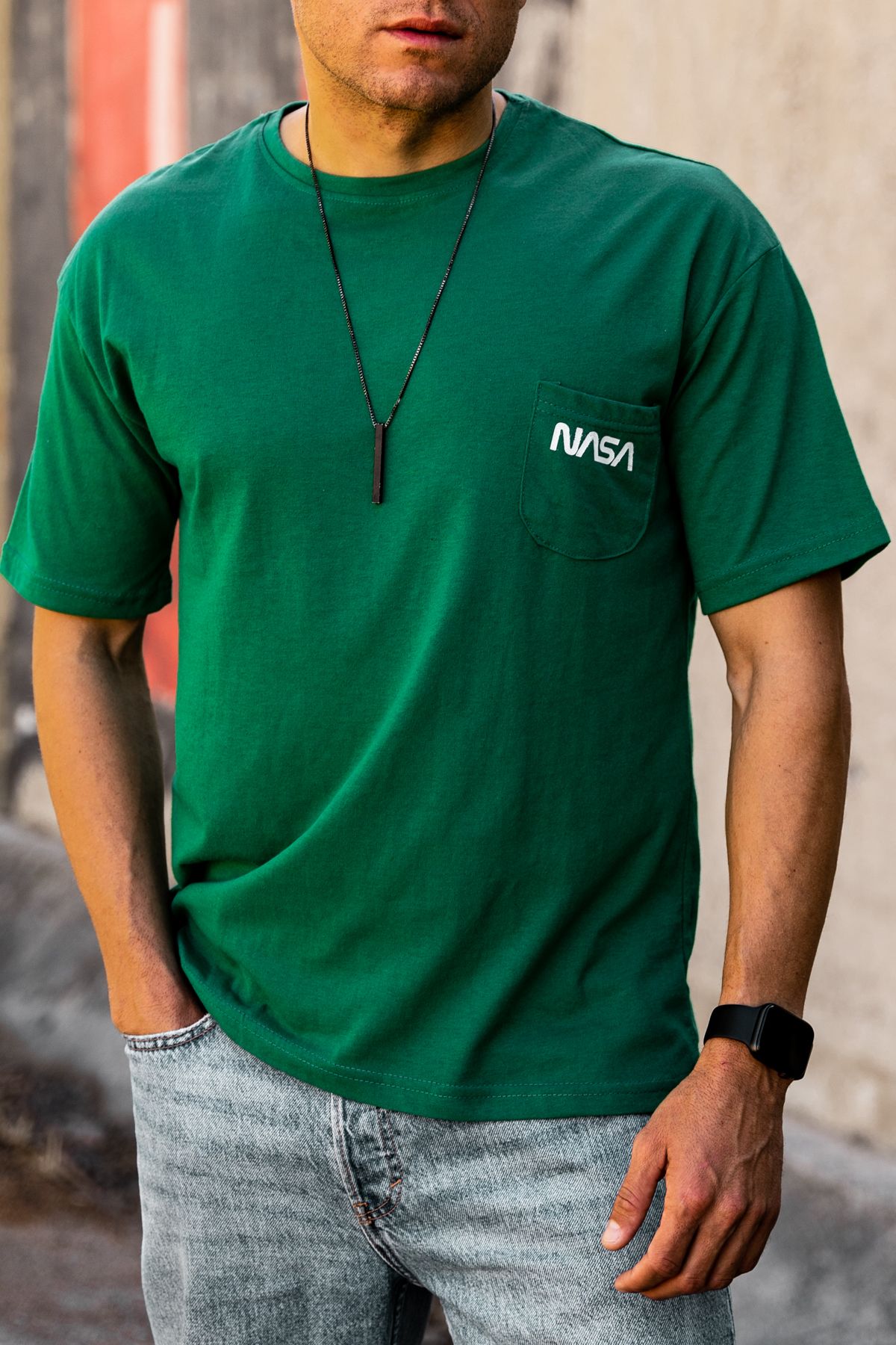 Black Sokak Erkek Yeşil Nasa Baskılı Tshirt