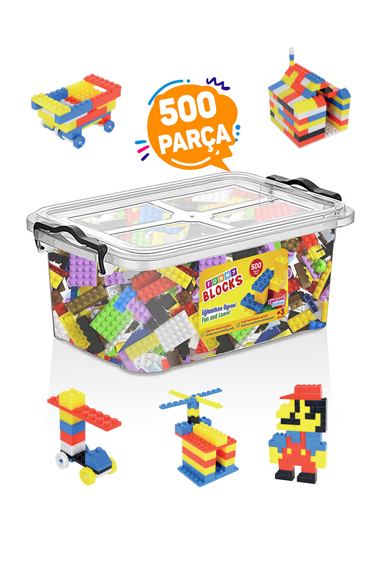 p parti oyunevi Funny Blocks Mikro Blok 500 Parça Plastik Kutulu Yapı Blokları