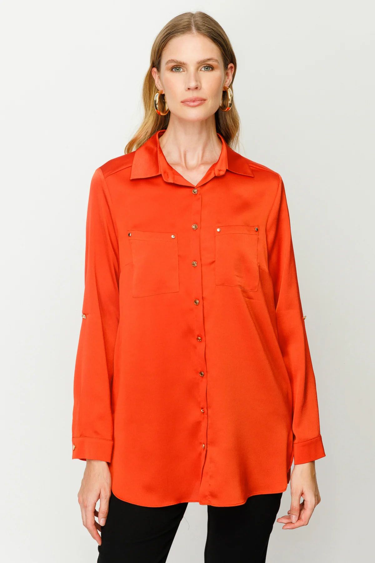 Ekol Kadın Dokulu Saten Gömlek 1013 Oranj