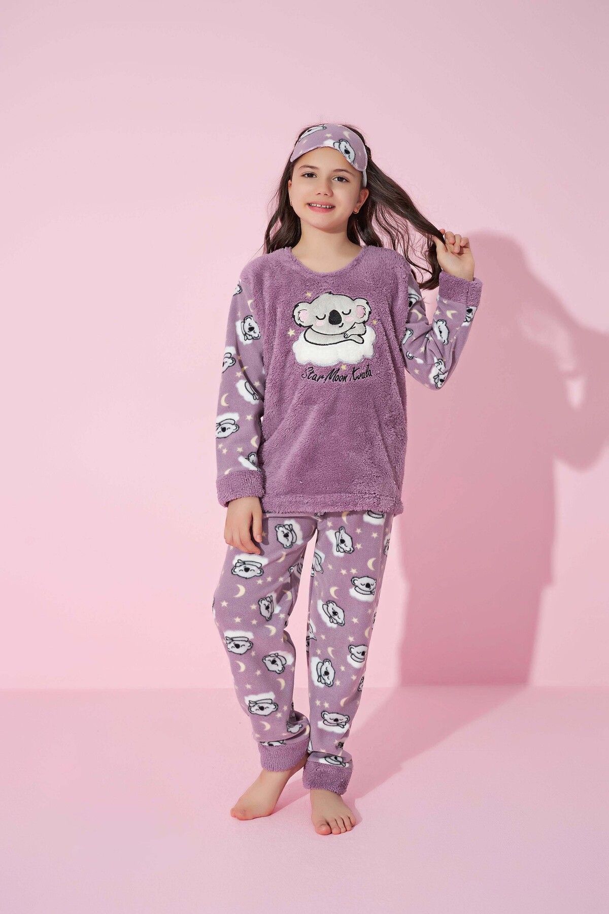 Tarık Kız Genç VE Çocuk Koala Desenli Uzun Kollu Polar Peluş Kumaş Kışlık Sıcak Tutan Pijama Takımı