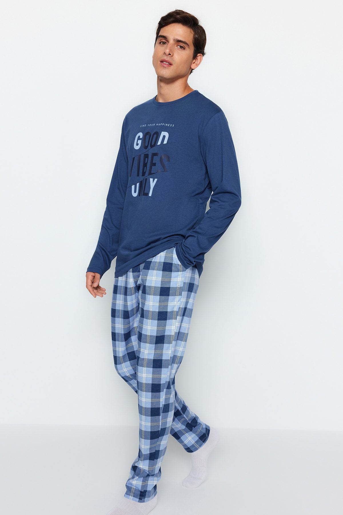 TRENDYOL MAN Mavi Regular Fit Ekose Örme Pijama Takımı TMNAW24PT00023