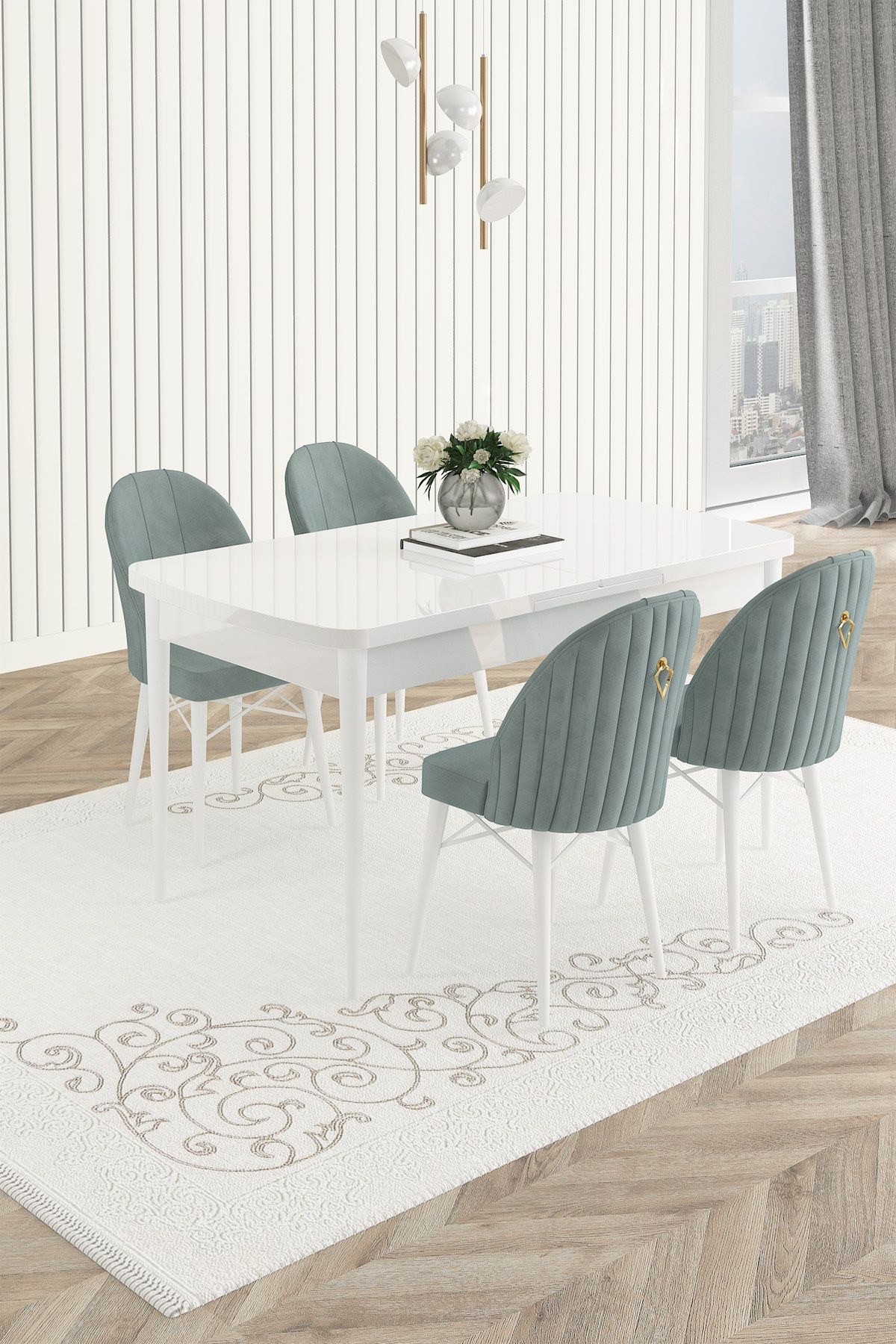 Haus concept MONACO Beyaz Mermer 80x132 Açılabilir Mutfak Masa Takımı ve Yemek Odası Takımı 4 Adet Sandalye
